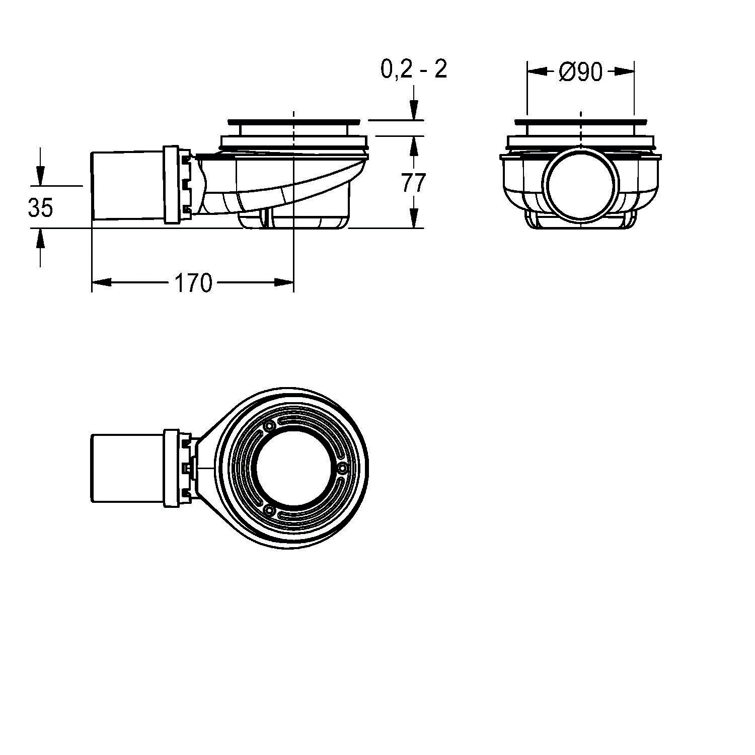 Technische Zeichnung einer Entwässerungskomponente mit Maßangaben: Durchmesser 90 mm, Länge 170 mm, Höhe 77 mm zuzüglich 35 mm Einbautiefe.