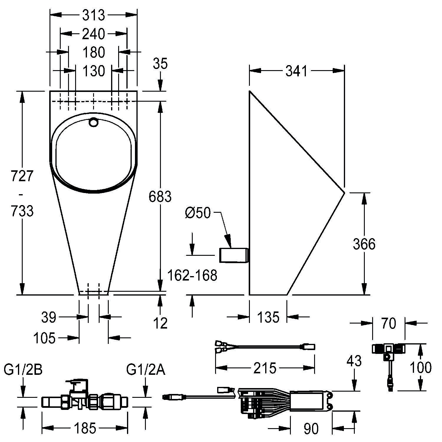 Technische Zeichnung eines Wand-WCs mit Abmessungen: Höhe 727 mm, Breite 366 mm. Enthält Installationsdistanzen und Rohranschlüsse.