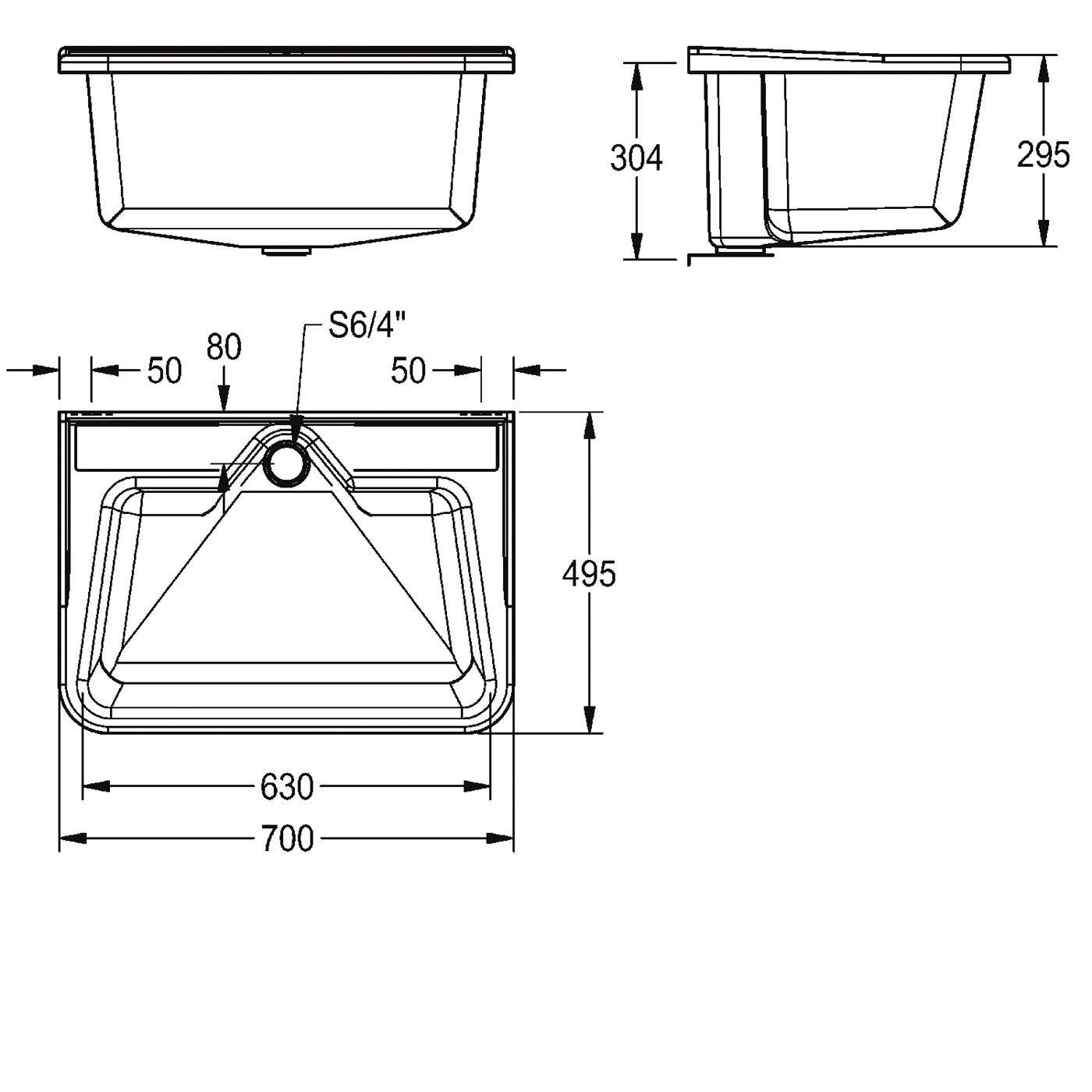 Technische Zeichnung eines rechteckigen Waschbeckens oder einer Badewanne mit Drauf-, Seiten- und Vorderansicht, die Abmessungen von 700 x 495 mm und Tiefen von 304 und 295 mm sowie die Ablaufposition zeigt.