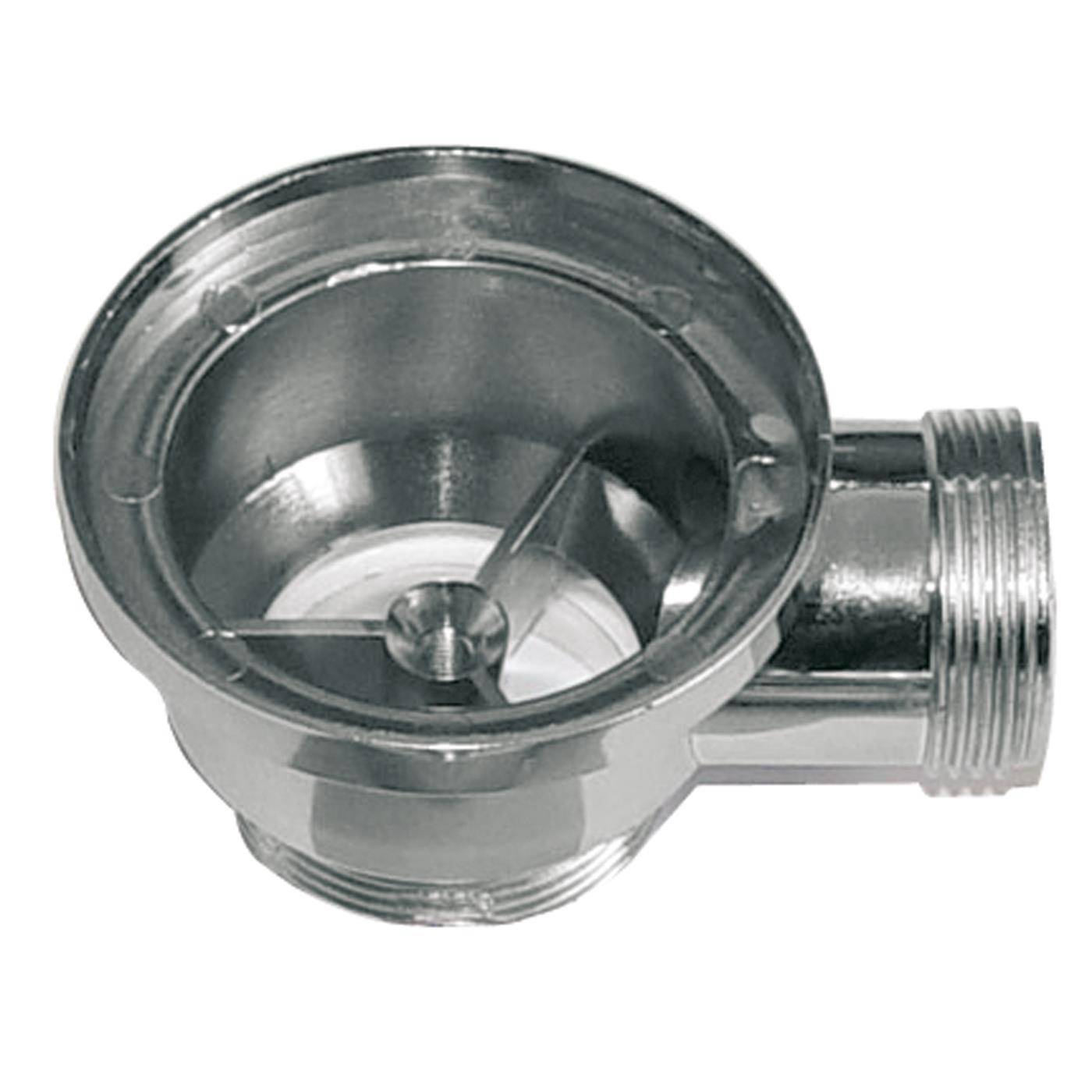 Metallisches Sanitärfitting mit seitlichem Gewindeanschluss, von oben auf weißem Hintergrund dargestellt.