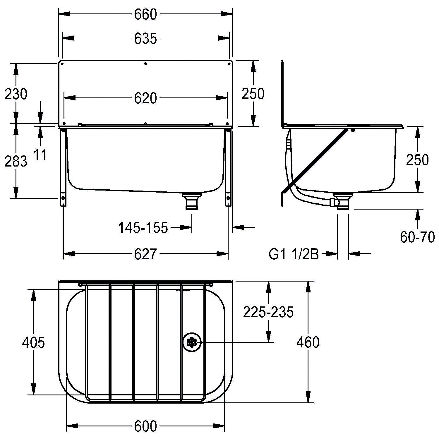 Diagramm eines rechteckigen Waschbeckens mit Abmessungen: Breite 660 mm, Höhe 460 mm, Tiefe 283 mm. Vorder- und Seitenansicht mit detaillierten Maßangaben.
