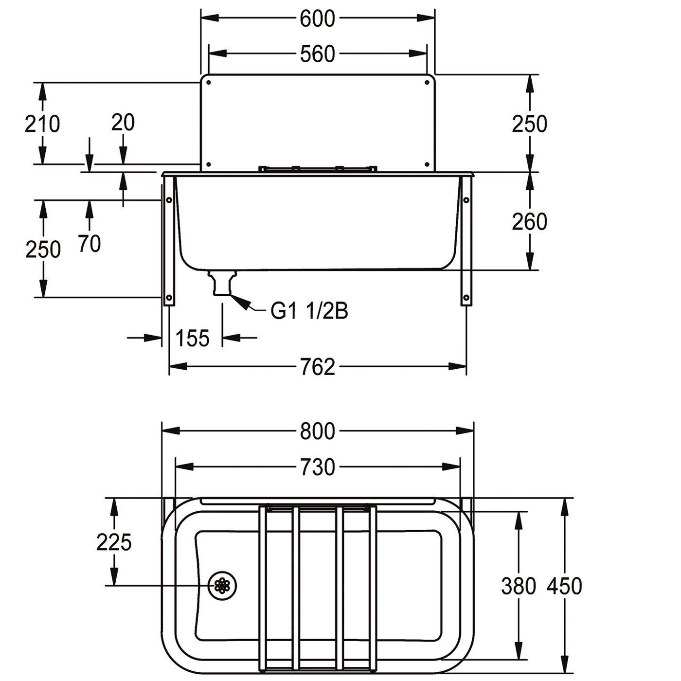 Technische Zeichnung eines rechteckigen Beckens oder einer Wanne mit Vorder- und Draufsicht, mit Abmessungen in Millimetern und einer G1 1/2B-Ablaufverbindung.
