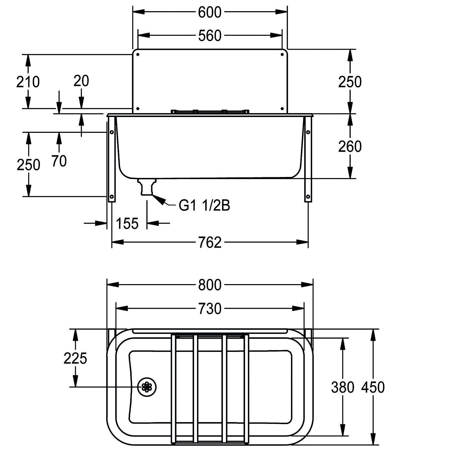 Technische Zeichnung einer Waschbeckeninstallation mit Maßangaben in Millimetern; Merkmale umfassen Breite 600, Tiefe 500 und Höhe 185.
