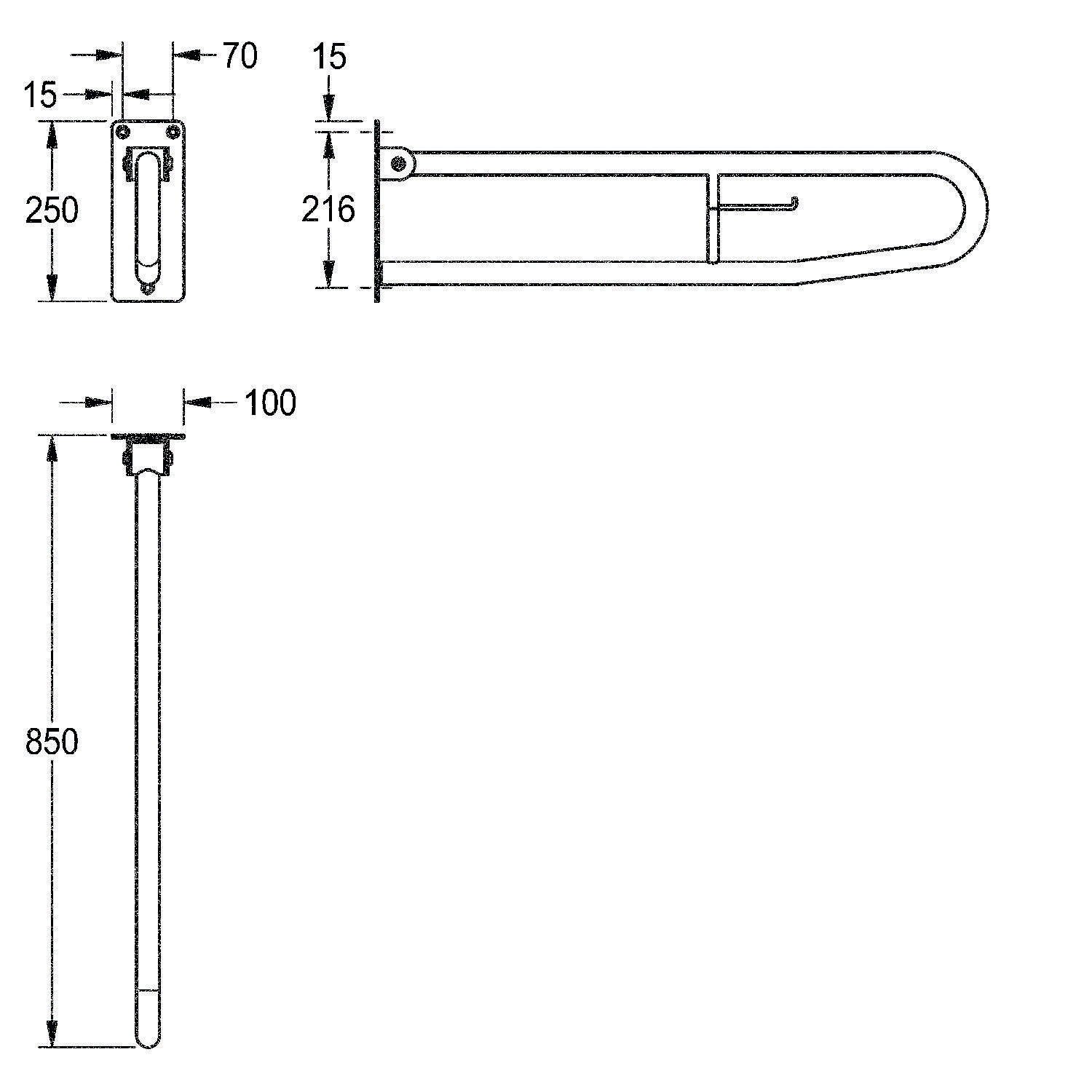 Eine Abbildung zur Veranschaulichung der Abmessungen einer wandmontieren Stützstange: Breite 250 mm, Höhe 15 mm, Tiefe 216 mm, Gesamtlänge 850 mm.