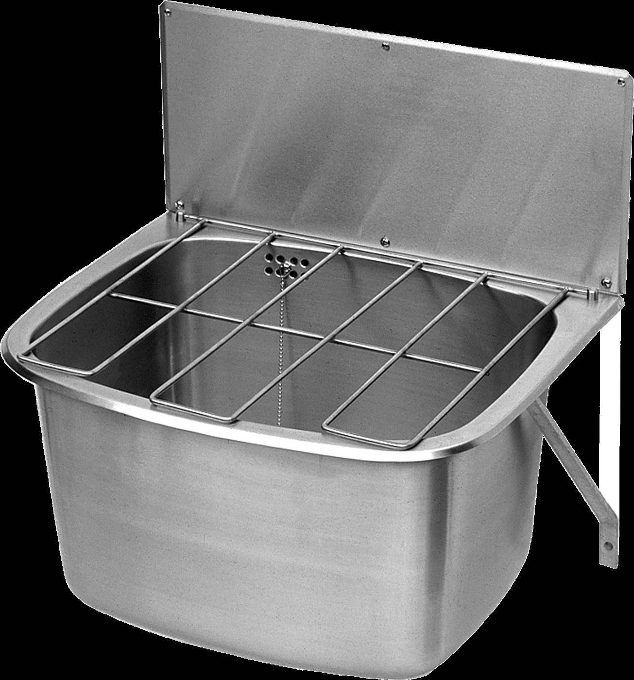 Edelstahlspülbecken mit klappbarem Spritzschutz und Drahtgitterabdeckung.