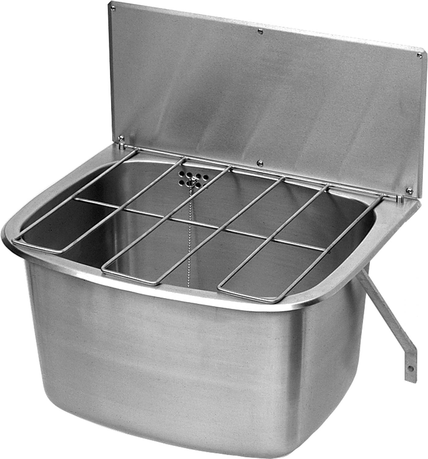 Ein Edelstahl-Utility-Waschbecken mit Gitterabdeckung, Ablaufloch im hinteren Bereich und Wandmontagevorrichtungen.