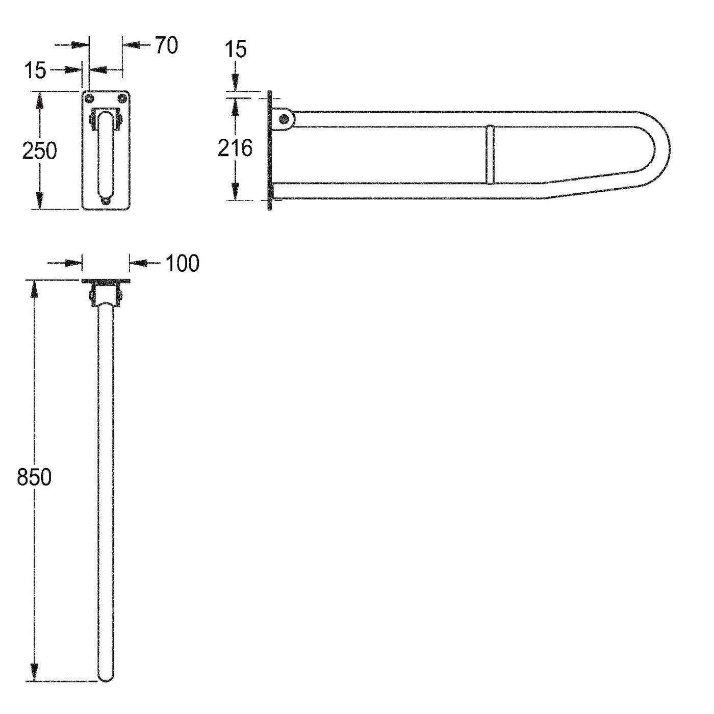 Technische Zeichnung einer langstieligen Hebel- oder Greifstange mit Abmessungen: 850 mm Gesamtlänge, 250 mm Halterungshöhe, 216 mm Armhöhe, 70 mm Breite, 15 mm Dicke und 100 mm obere Breite.