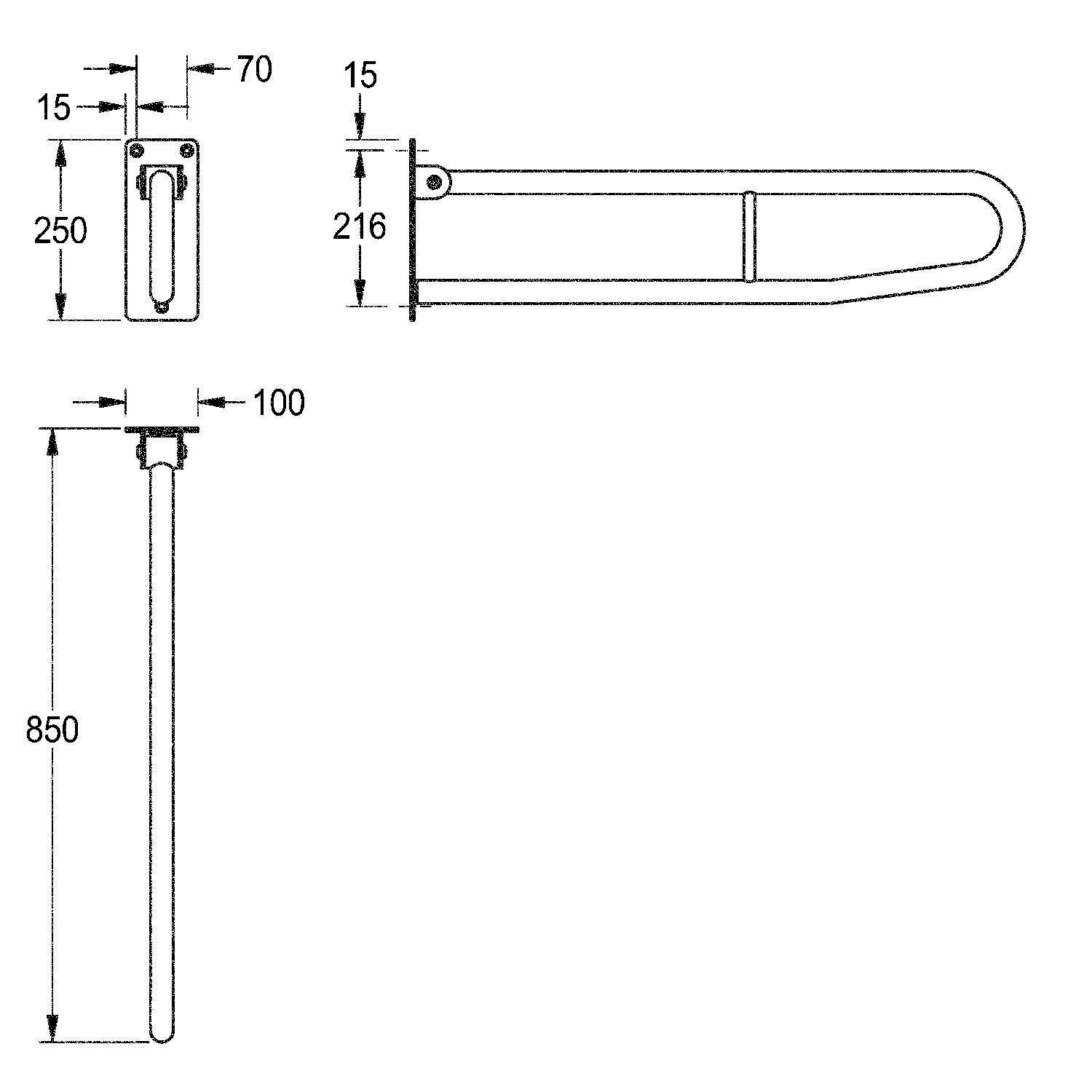 Diagramm zur Darstellung der Maße eines Haltegriffs: 250 mm Höhe, 70 mm Breite an der Basis, 850 mm Länge bei ausgefahrener Position, Befestigungspunkte gekennzeichnet.