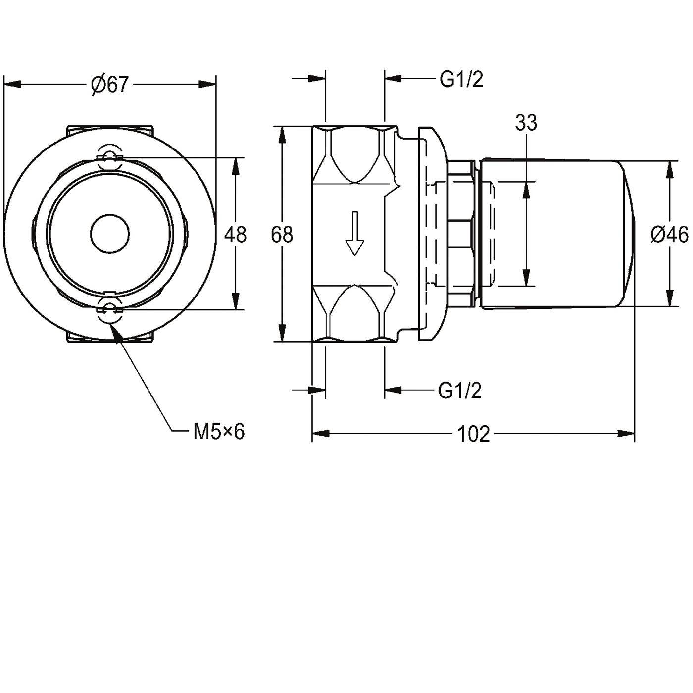 Technische Maßzeichnung eines zylindrischen Ventils oder einer Armatur mit Ansichten von vorne und von der Seite mit Abmessungen Ø67, 48, 68, 102, Ø46, G1/2 und M5x6.
