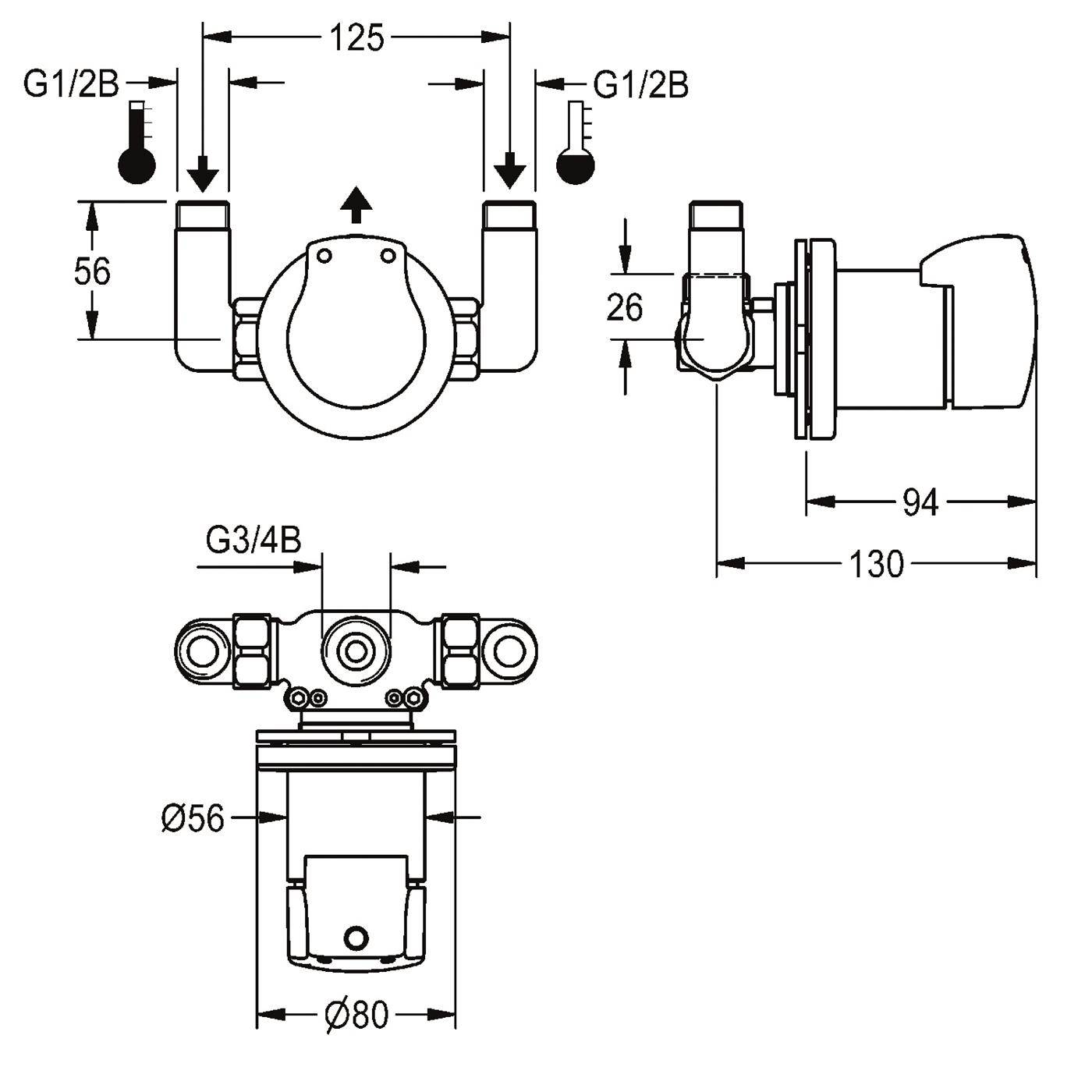 Technische Maßzeichnung einer Ventilbaugruppe mit Vorder-, Seiten- und Draufsicht mit den Bezeichnungen G1/2B, G3/4B und den Abmessungen 125, 56, 26, 94, 130, Ø56, Ø80.
