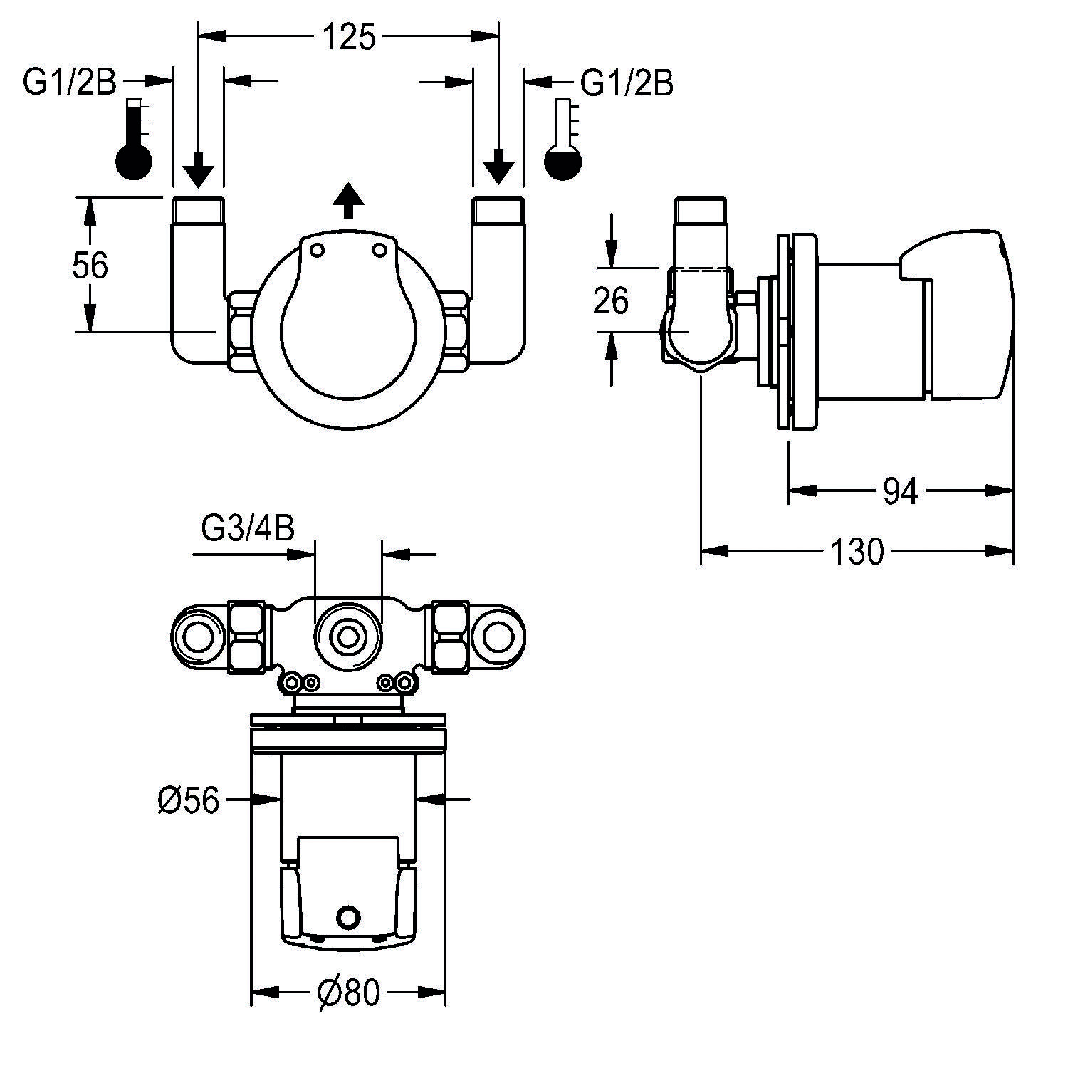 Eine technische Klempnerzeichnung, die eine Armaturanordnung mit folgenden Maßangaben zeigt: Einlass G1/2B, Auslauflänge 130 mm und Befestigung G3/4B.