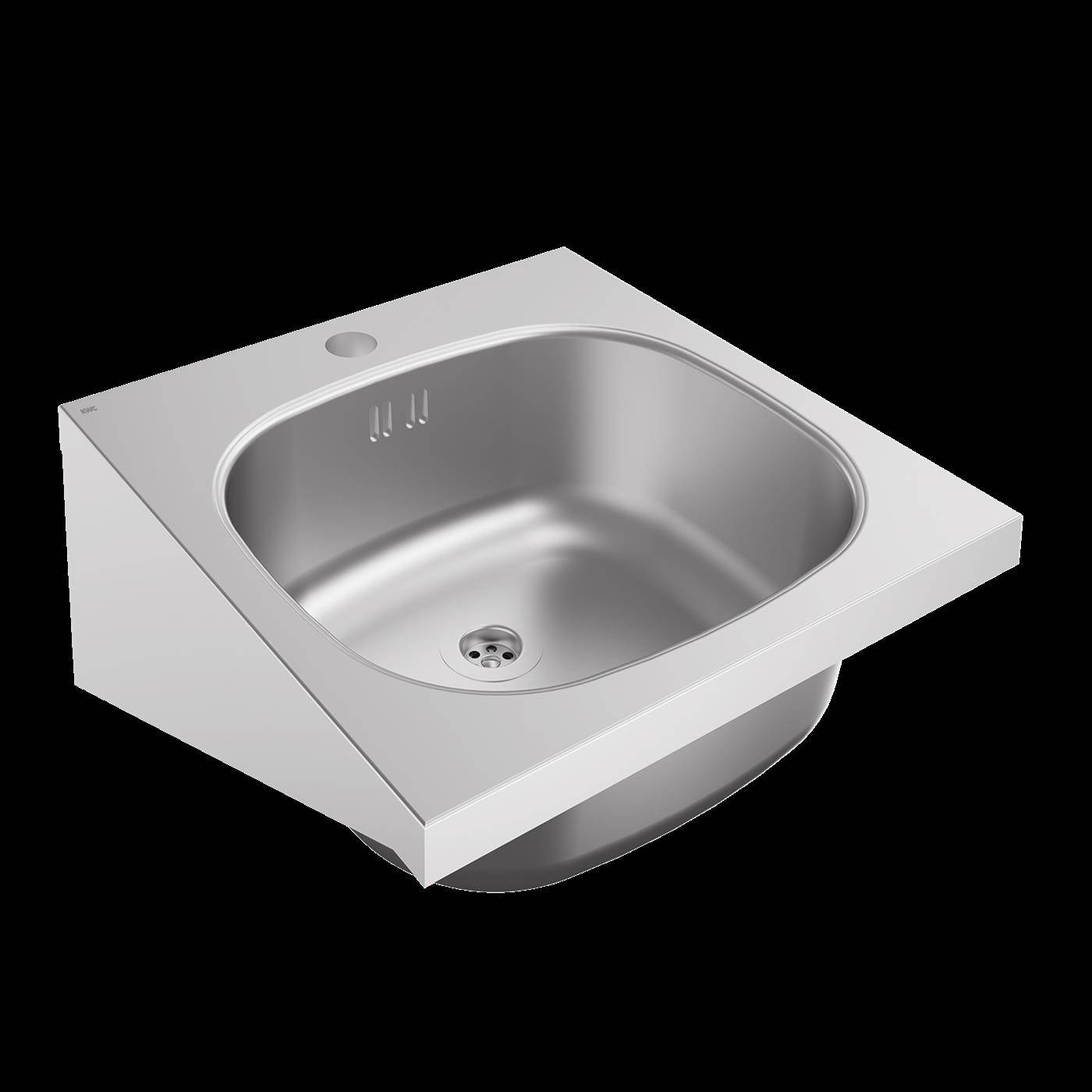 Edelstahlspülbecken mit einfachem Becken und integriertem Abfluss und Überlauf, dargestellt in einer weißen Arbeitsplattenniederung vor schwarzem Hintergrund.