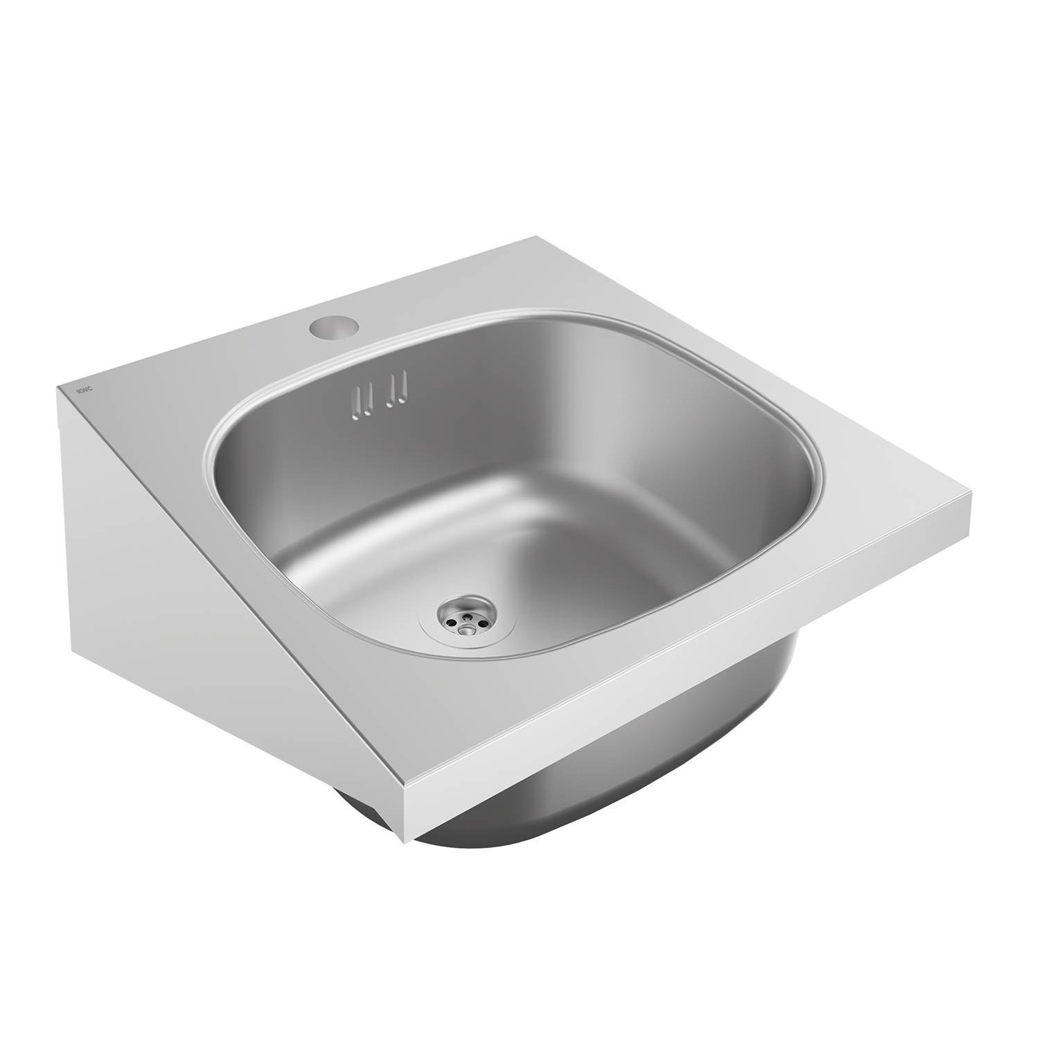 Ein Waschbecken aus Edelstahl in Eckenform mit einer zentralen Ablaufrinne, konzipiert für kompakte Räume, aus einer schrägen Perspektive vor einem schwarzen Hintergrund.
