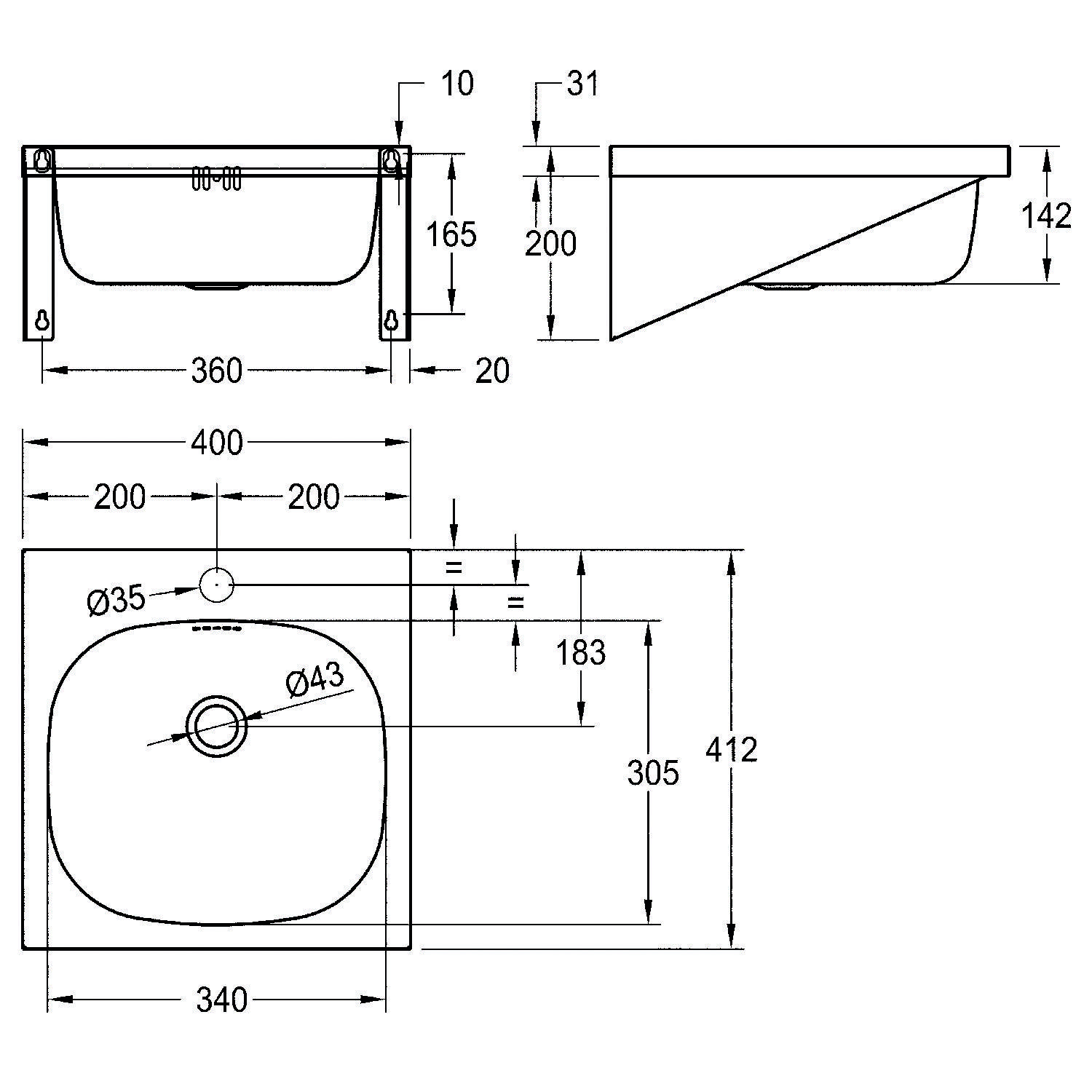 Technische Zeichnung eines Waschbeckens mit Abmessungen: 360 mm Breite, 305 mm Tiefe, 142 mm Höhe. Draufsicht und Seitenansicht zeigen Einbaumaße.