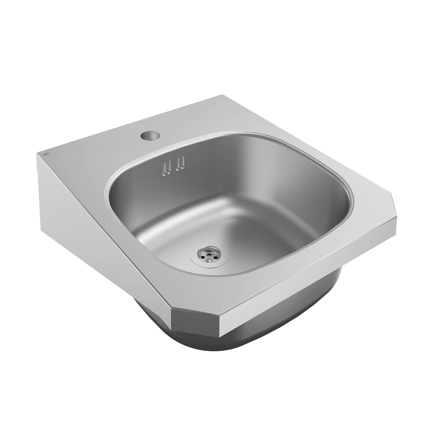 Ein Edelstahl-Eckwaschbecken mit einer runden Schale und einem Ablaufloch am Boden, konzipiert für kompakte Räume.
