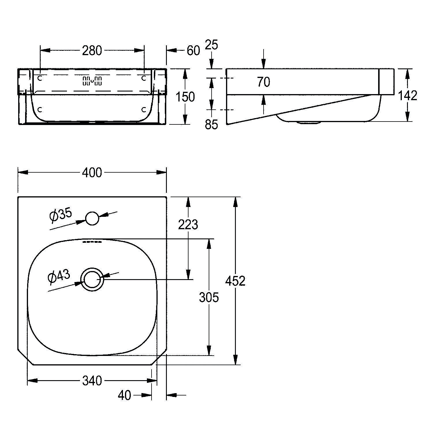 Technische Zeichnung eines quadratischen Waschbeckens mit Abmessungen: Breite 280 mm, Tiefe 452 mm und Höhe 142 mm. Der Durchmesser des kreisförmigen Beckens beträgt 350 mm.