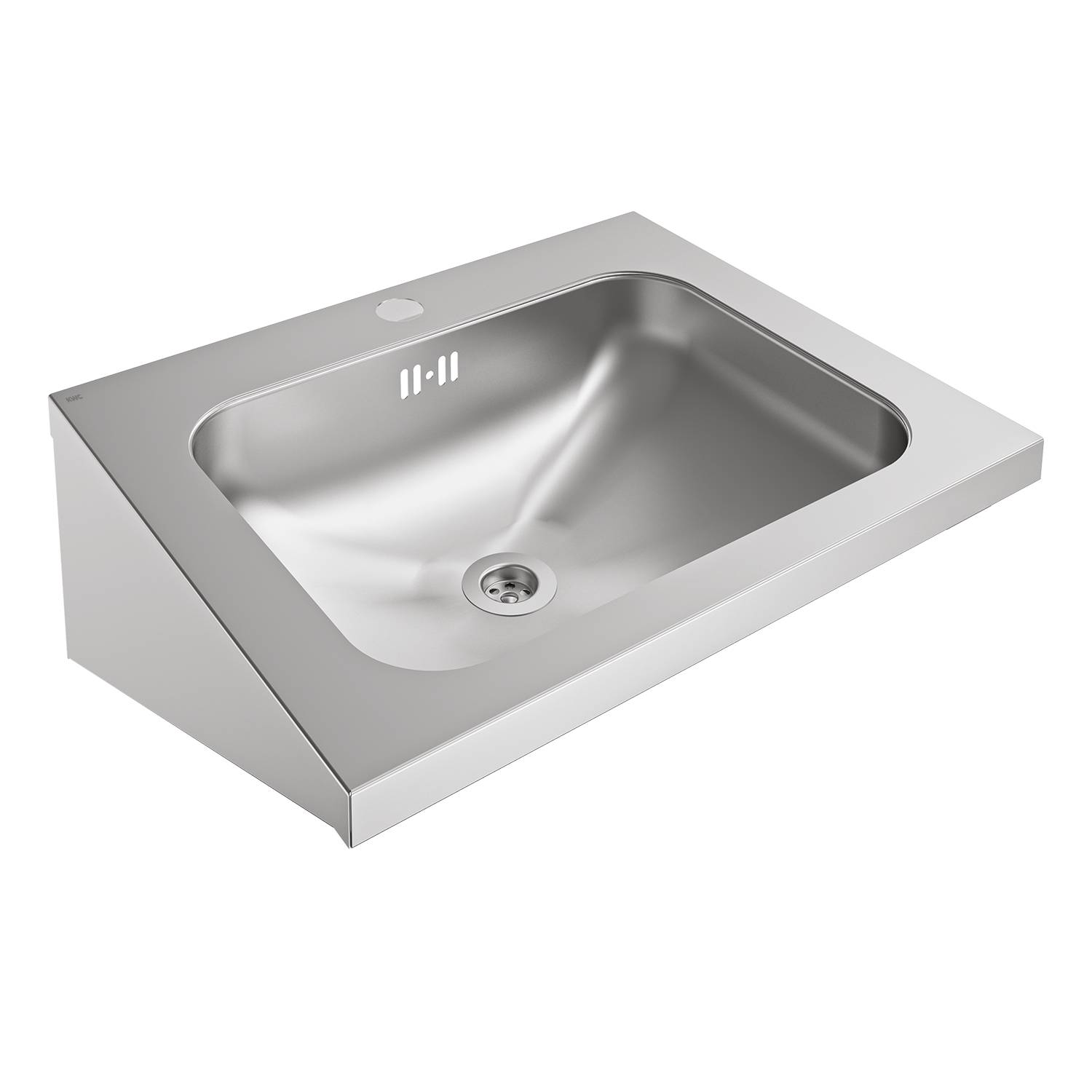 Ein Waschbecken aus Edelstahl, an der Wand montiert, mit quadratischer Wanne und hinterer Ablaufvorrichtung, vor einem schwarzen Hintergrund.