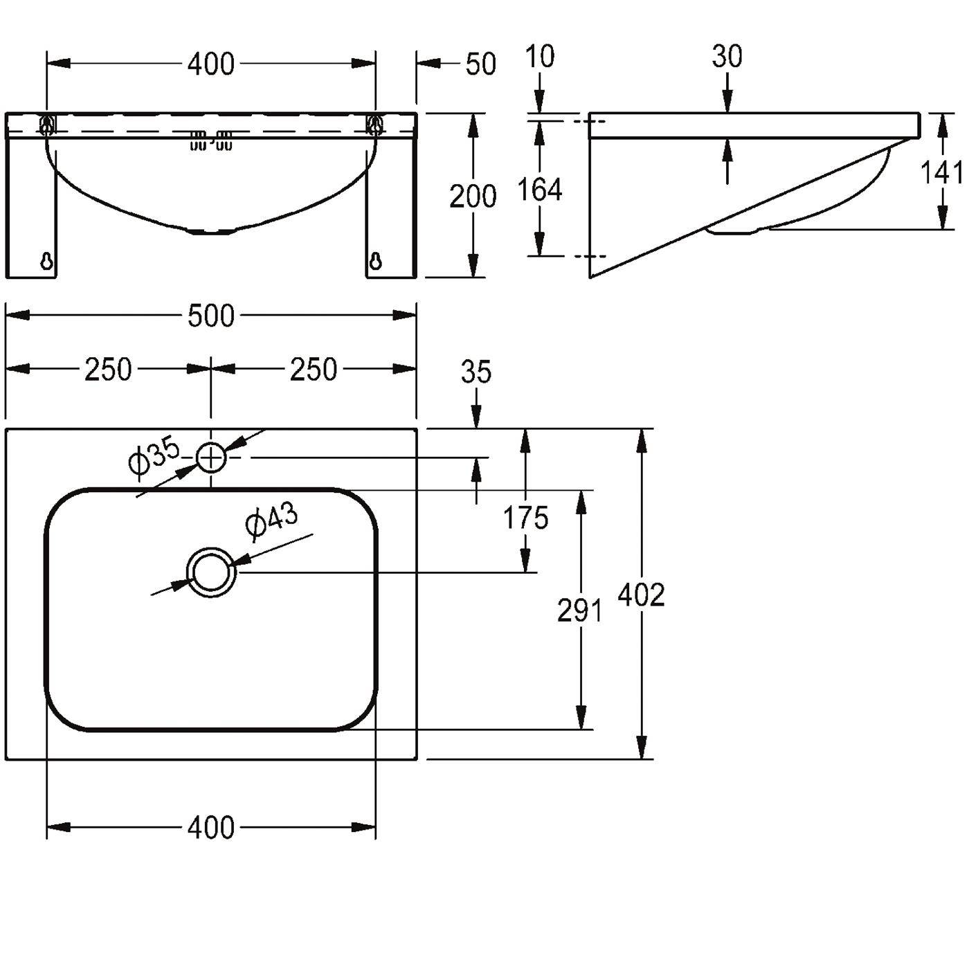 Technische Zeichnung eines Waschbeckens mit Vorder-, Seiten- und Draufsicht, mit Abmessungen in Millimetern und Lochpositionen.