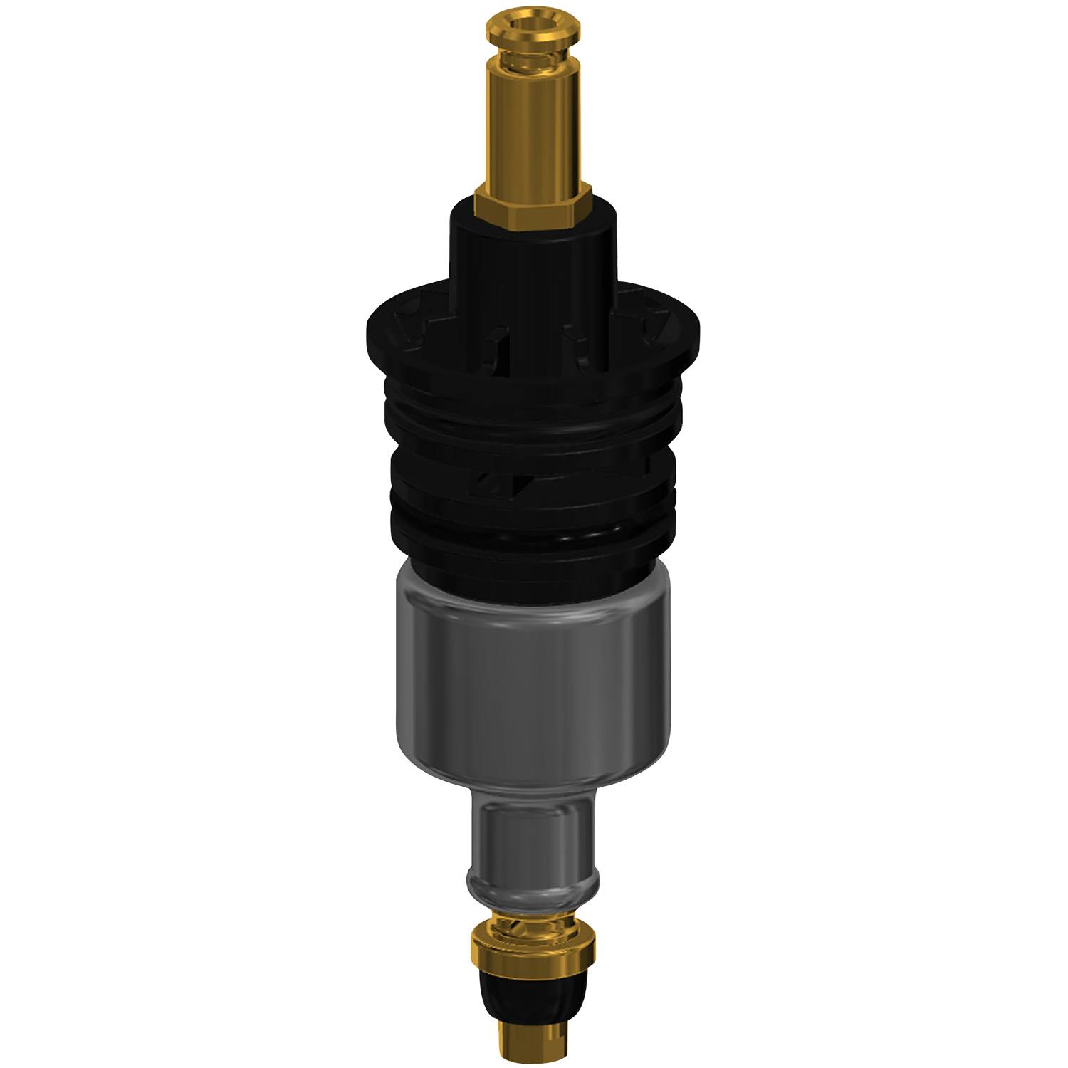 Eine detaillierte Darstellung einer mechanischen Komponente mit einem zylindrischen schwarz-grauen Körper, ausgestattet mit goldenen Messingbeschlägen an beiden Enden.