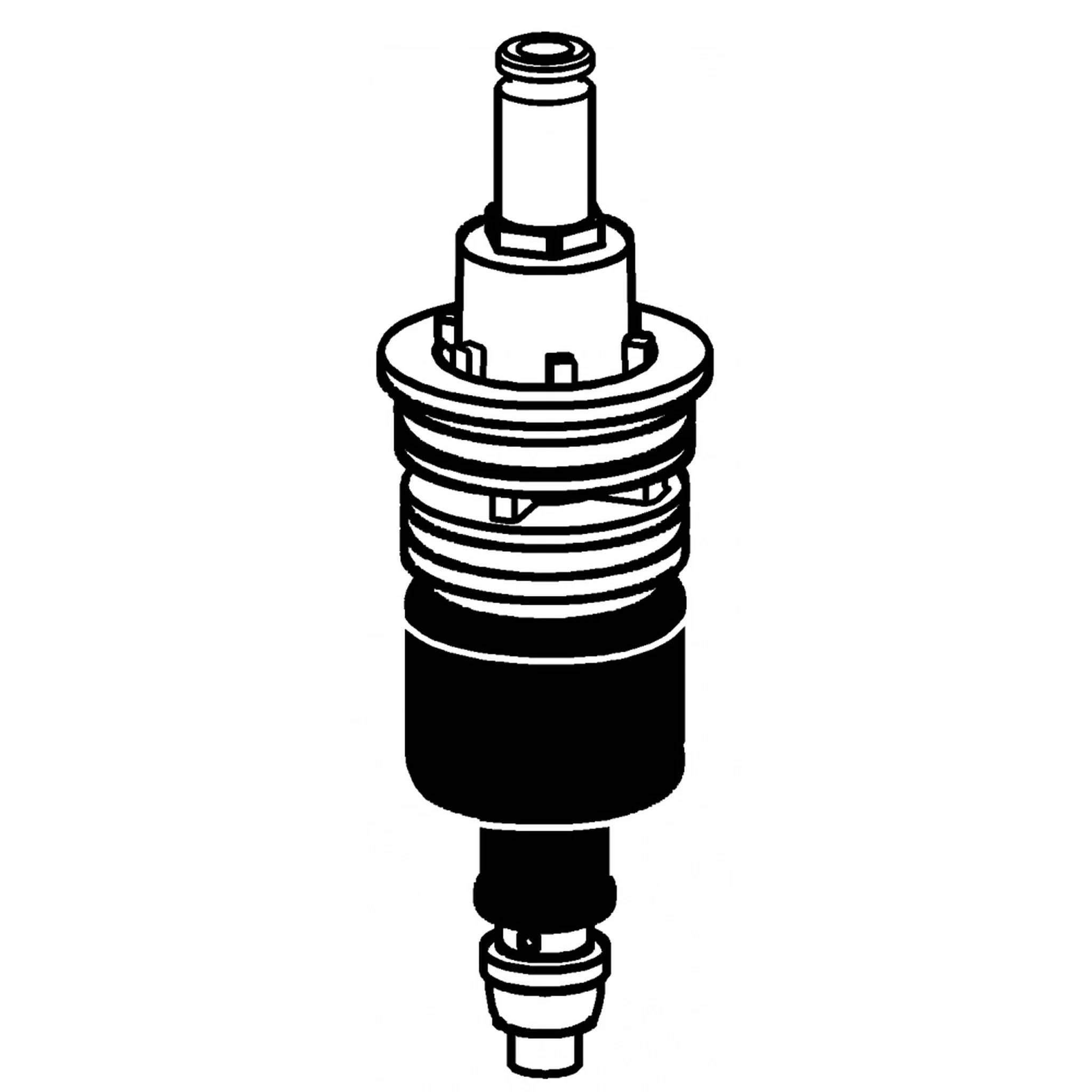 Schwarzweiße technische Illustration einer zylindrischen mechanischen Ventil- oder Patronenkomponente, aufrecht vor einem schlichten weißen Hintergrund dargestellt.