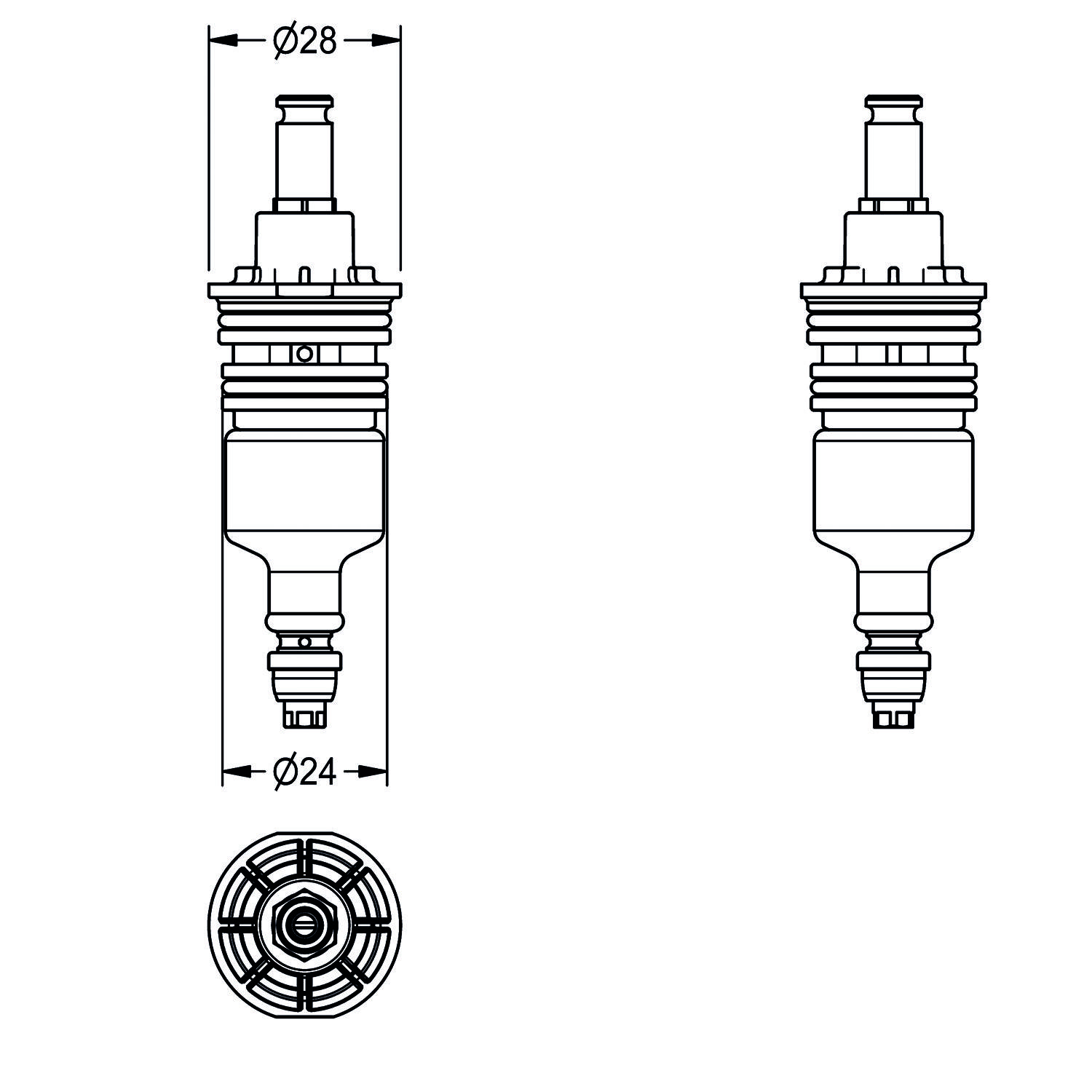 Technische Dreiseitenansicht eines zylindrischen Bauteils mit Maßangaben. Draufsicht zeigt einen Durchmesser von 28 mm; unterer Abschnitt zeigt 24 mm.