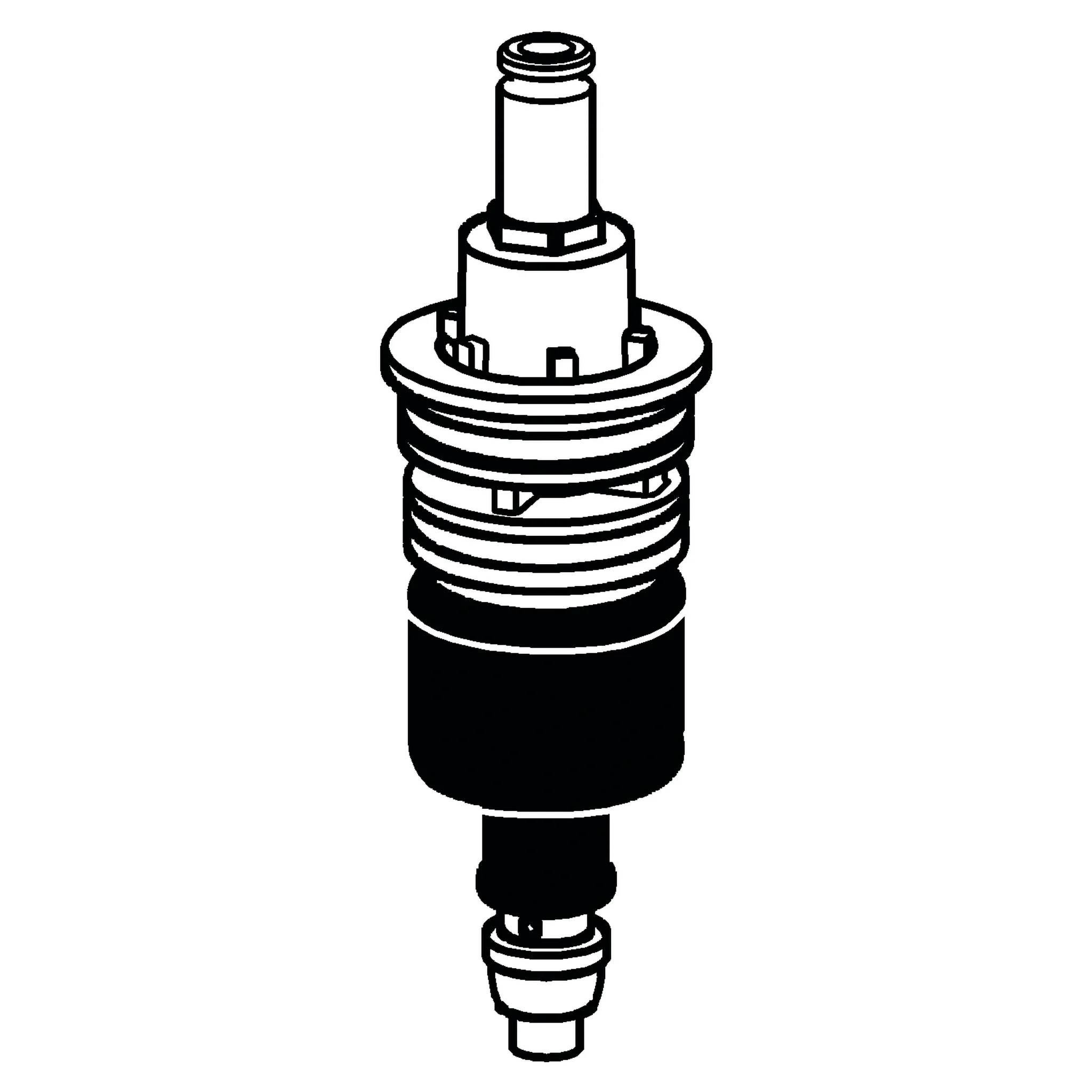 Schwarzweiße technische Illustration einer Ventilpatrone oder eines Rohrleitungskomponente mit Gewinde-Enden.