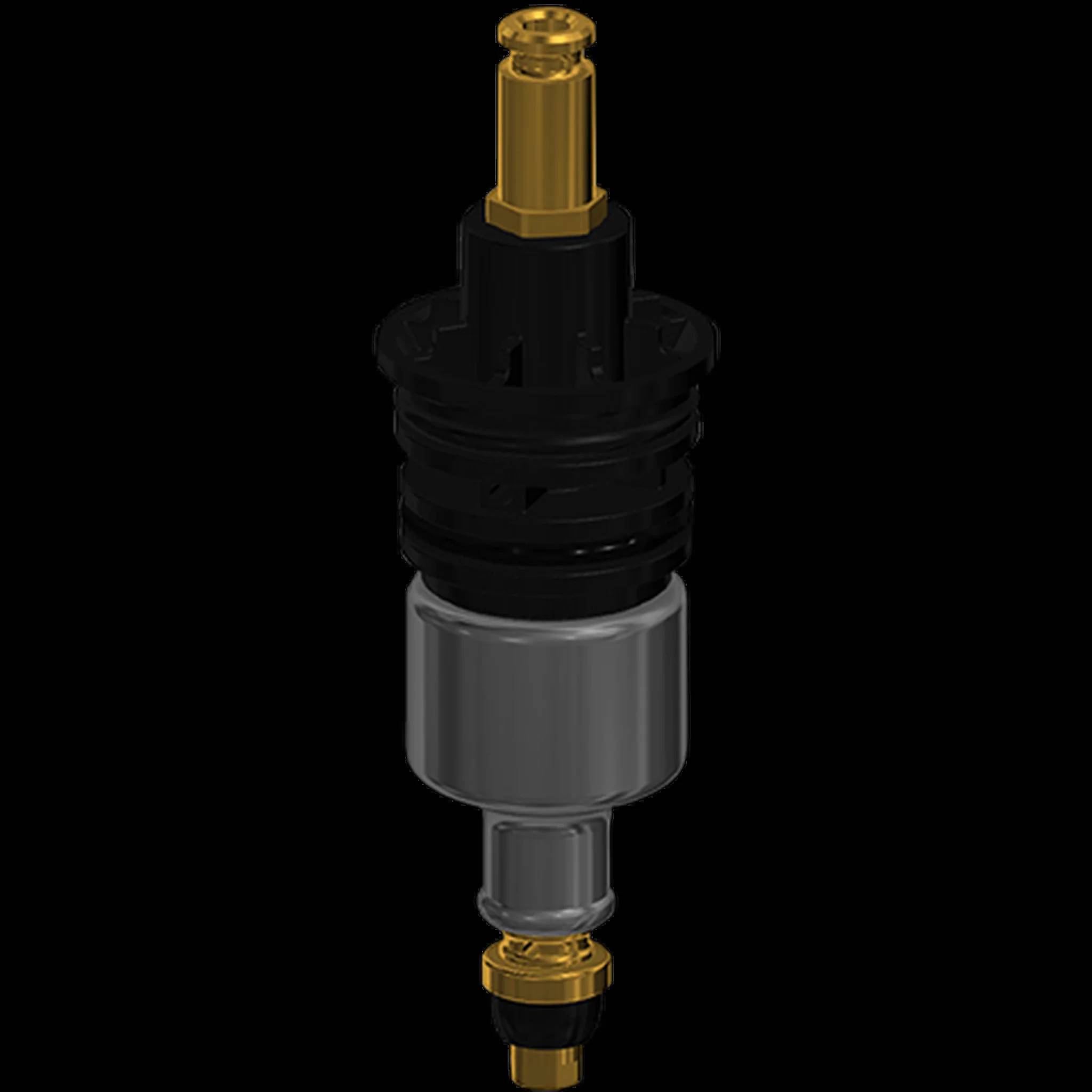 3D-Rendering eines zylindrischen mechanischen Ventils oder Verbinders mit schwarzen, silbernen und goldenen Komponenten auf schwarzem Hintergrund.