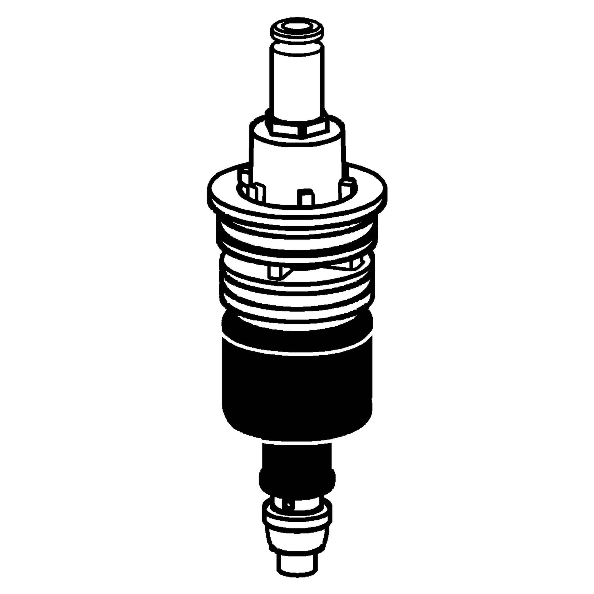 Schwarz-Weiß-Illustration einer zylindrischen mechanischen Patrone oder eines Ventilkomponente mit Gewindeabschnitten und Anschlüssen an beiden Enden.