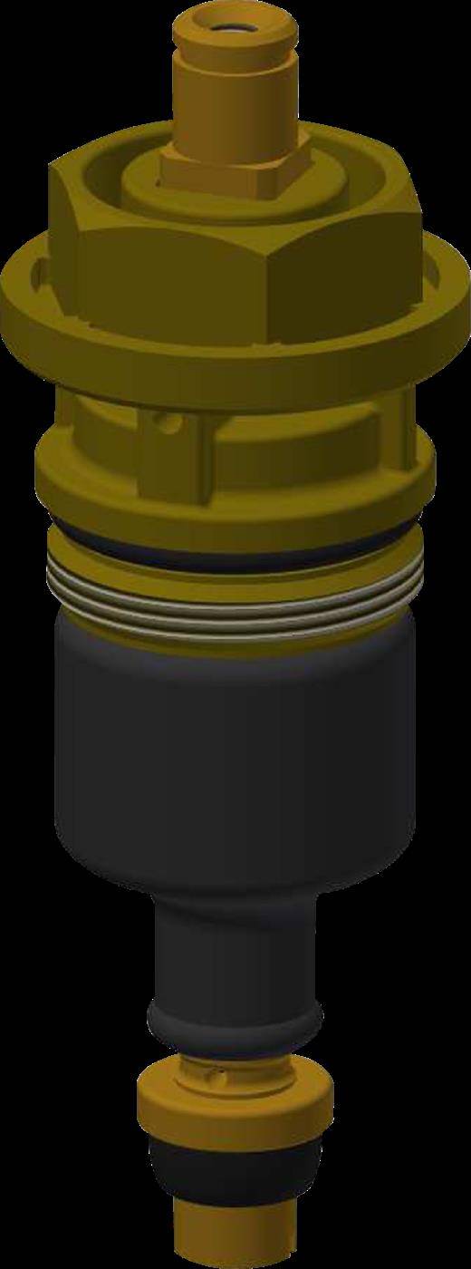 3D-Rendering eines zylindrischen mechanischen Steckers oder Ventilzusammenbaus in Gold und Schwarz, vertikal vor schwarzem Hintergrund dargestellt