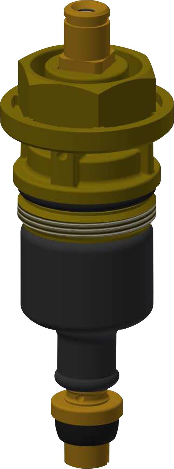 Eine 3D-Darstellung eines mechanischen Bauteils mit einem gelben Oberteil und einer schwarzen zylindrischen Basis, mit einem geschraubten Mittelbereich.