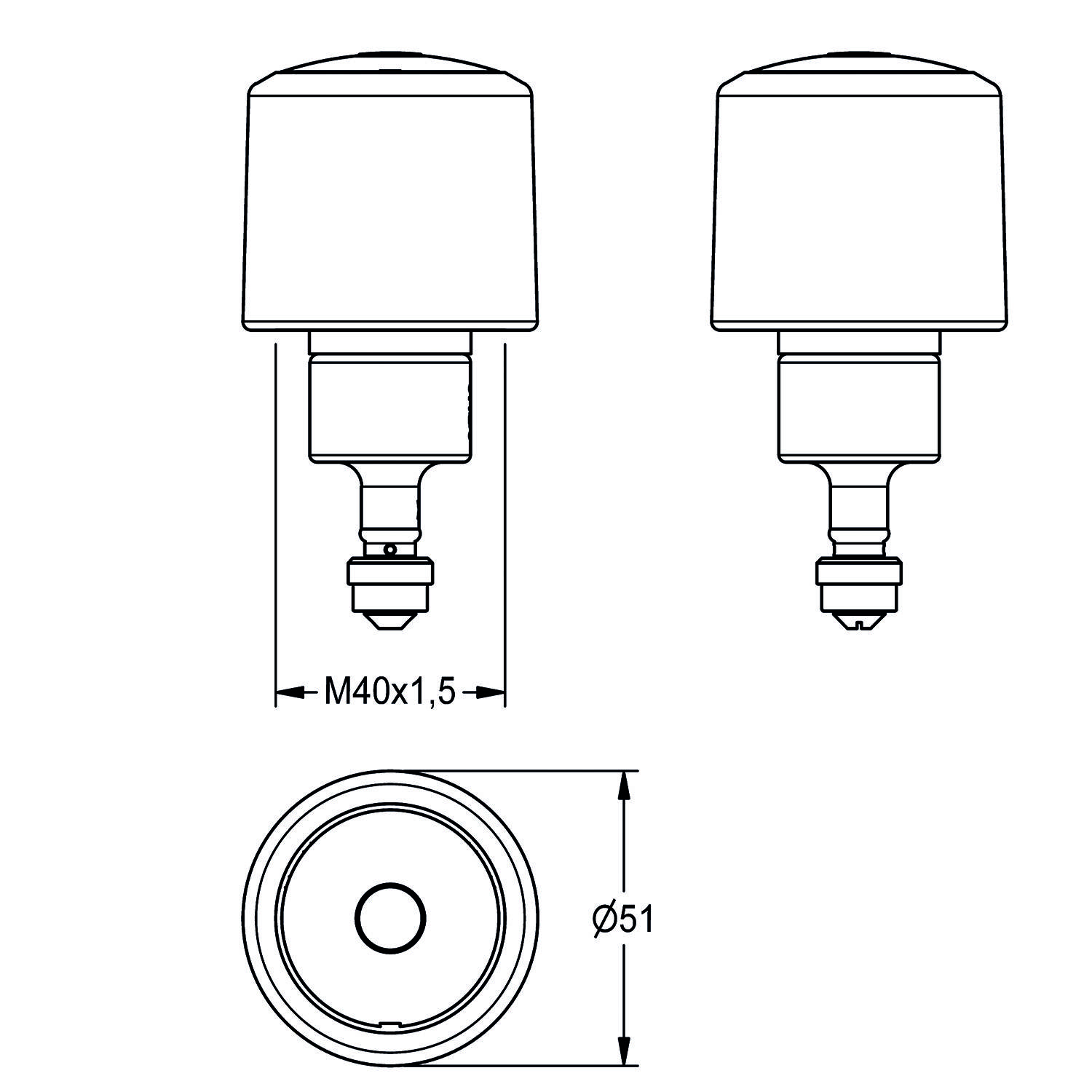 Technische Zeichnung einer zylindrischen Komponente mit 'M40x1,5' Gewinde, Seiten- und Draufsicht. Durchmesser 51 mm angegeben.