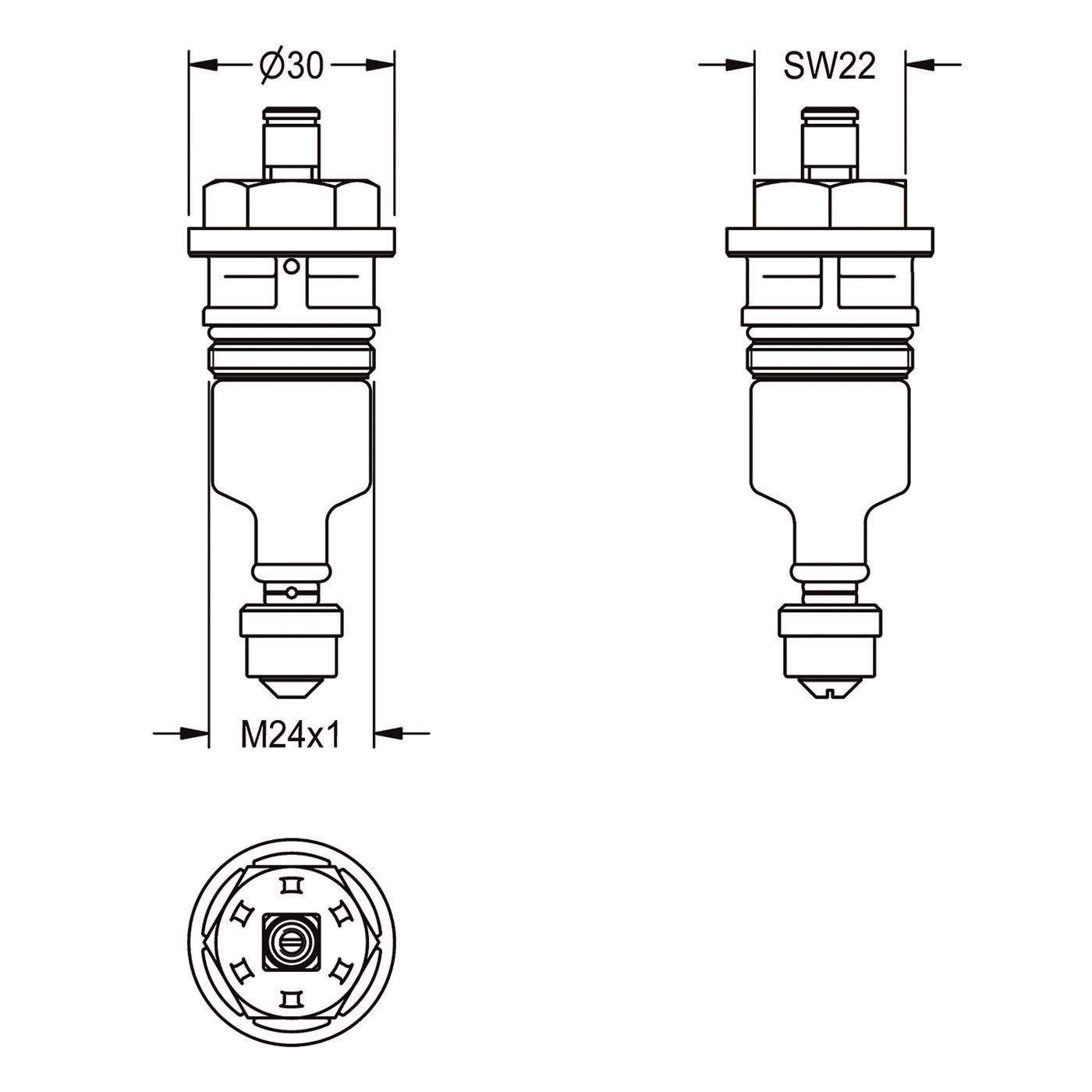 Technische Strichzeichnung eines Sensors/Steckers mit Vorder- und Seitenansicht, die Abmessungen Ø30, SW22 und M24x1 zeigt, sowie eine kreisförmige Endansicht.