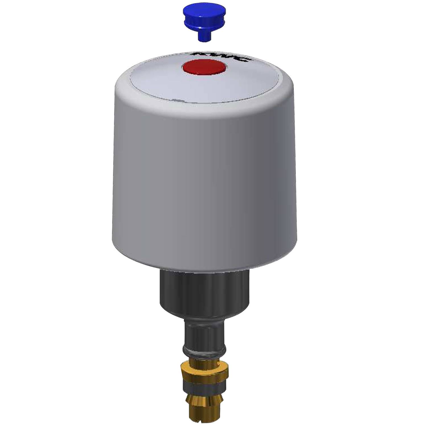 3D-Rendering einer Schutzkappe mit einem blauen Stecker, einer roten Dichtung und einem angeschlossenen Messingbeschlag, auf schwarzem Hintergrund positioniert.