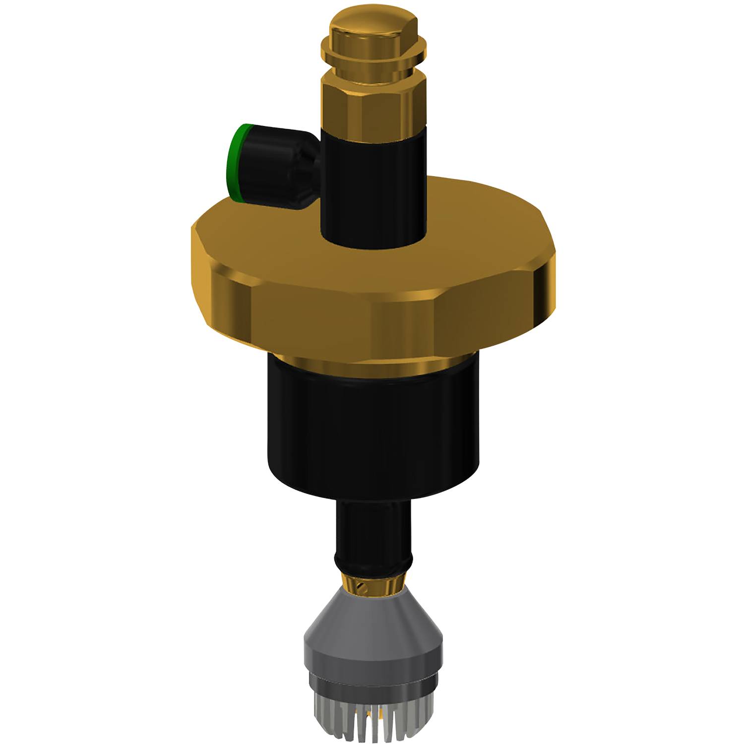 Ein 3D-Modell eines mechanischen Geräts mit einer gold-schwarzen zylindrischen Struktur, versehen mit einem grünen Knopf und einem zahnradähnlichen Ende.