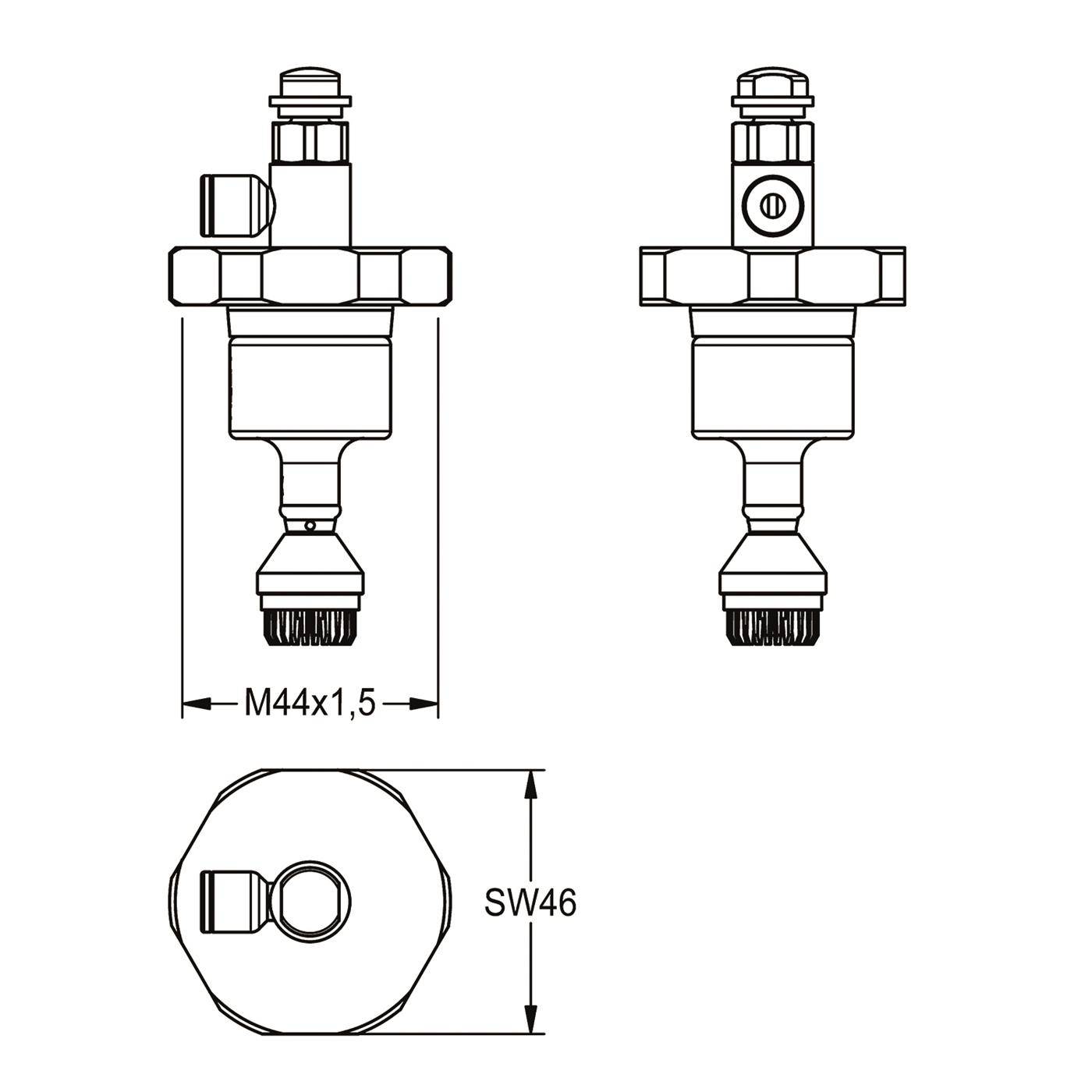 Technische Strichzeichnung einer zylindrischen mechanischen Armatur in zwei Seitenansichten und einer Draufsicht mit den Abmessungen M44x1,5 und SW46.