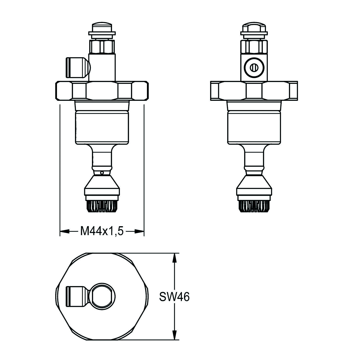 Ventilbaugruppen-Diagramm mit drei Ansichten: Front, Seite und Draufsicht. Front- und Seitenansicht zeigen detaillierte Teile; Draufsicht hebt Abmessungen hervor: M44x1,5, SW46.