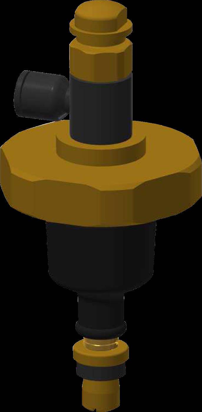 3D-gerendertes mechanisches Ventil oder Düsenensemble mit goldfarbenen und schwarzen zylindrischen Teilen, vor einem schwarzen Hintergrund dargestellt.