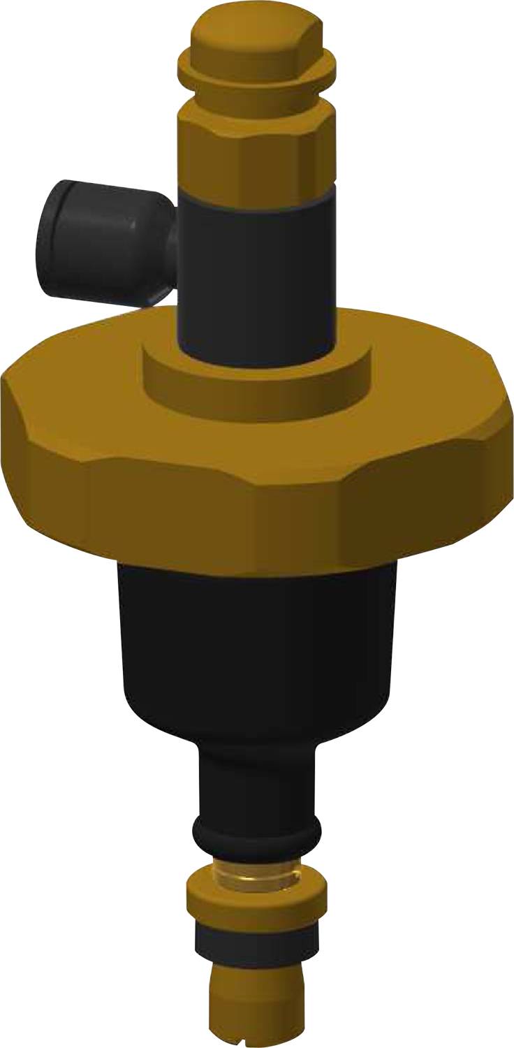 Eine Nahaufnahme eines schwarzen Ventilgriffs mit einer großen, sechseckigen, goldenen Kappe.