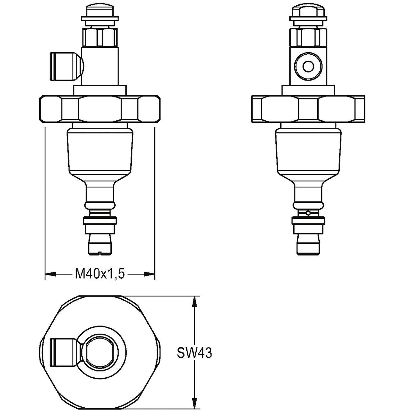 Technische Zeichnung einer Zündkerze mit Vorder- und Seitenansicht, die Abmessungen M40x1,5 und SW43 zeigen.