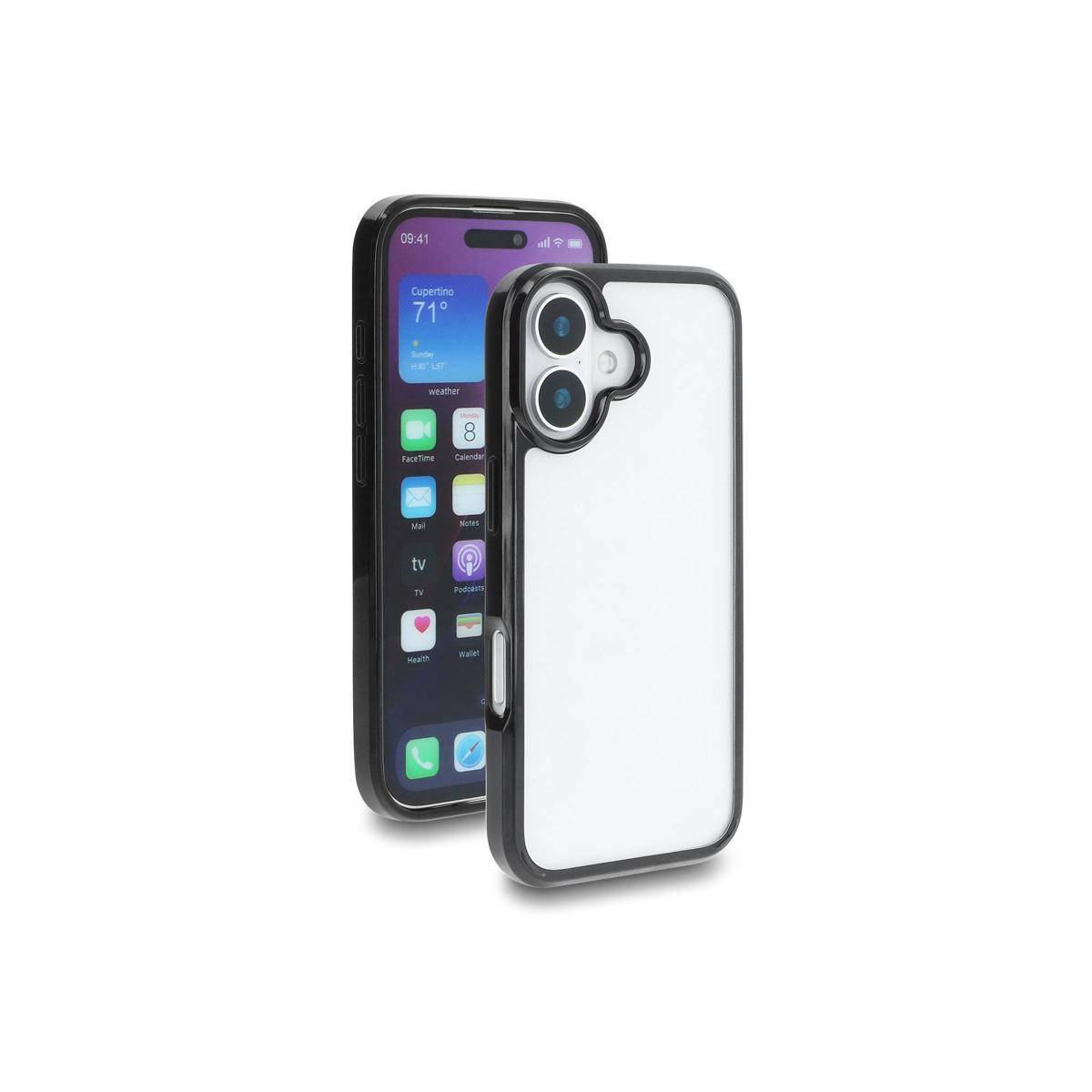 Auf dem Bild sind zwei Smartphones zu sehen. Das Telefon links zeigt eine Wetter-App mit einer Vorhersage von '71°'. Das Telefon rechts hat eine transparente, reflektierende Hülle.