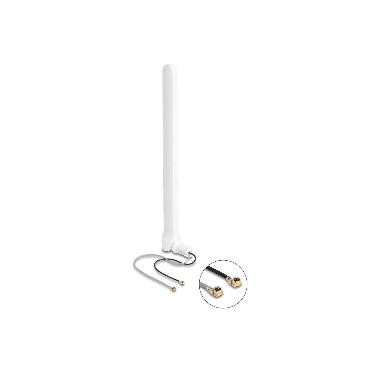 Weiße Antenne mit angeschlossenem Kabel, mit Nahaufnahme der Anschlüsse am Kabelende.