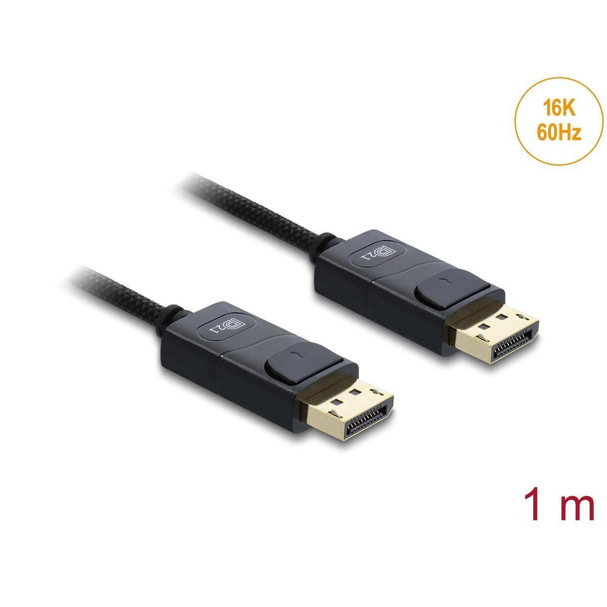 DisplayPort-Kabel mit Anschlüssen an beiden Enden, 1 Meter Länge. Etikett zeigt Fähigkeit von '16K 60Hz'.