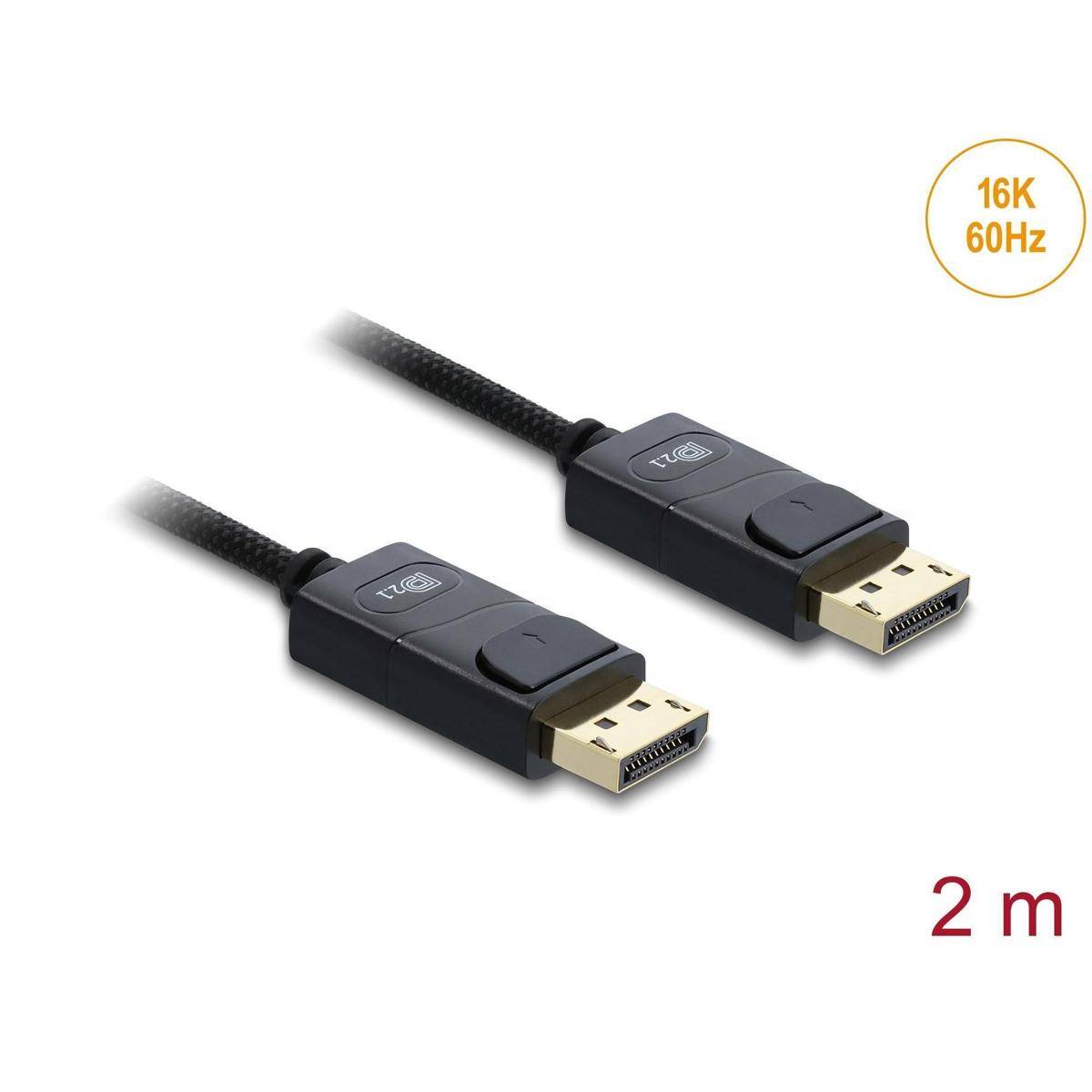 Zwei DisplayPort-Kabel, jeweils mit der Bezeichnung '1.2', 2 Meter lang, die 16K bei 60 Hz unterstützen.