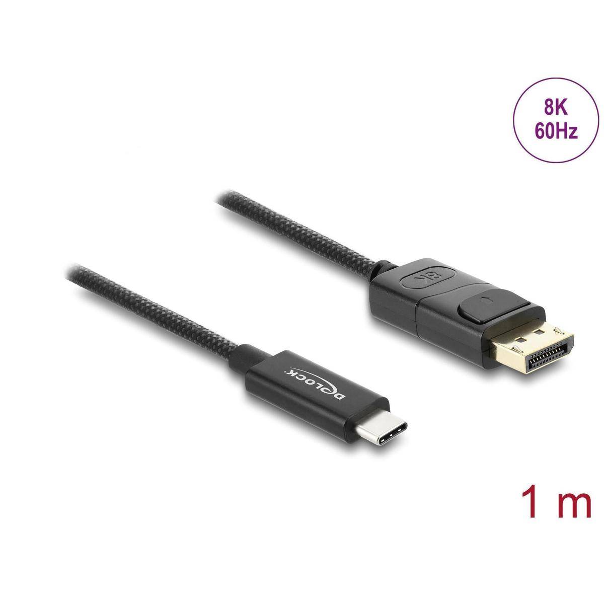 Ein 1-Meter-USB-C-zu-DisplayPort-Kabel unterstützt 8K bei 60 Hz, gezeigt mit Anschlüssen und geflochtener Textur für verbesserte Haltbarkeit.