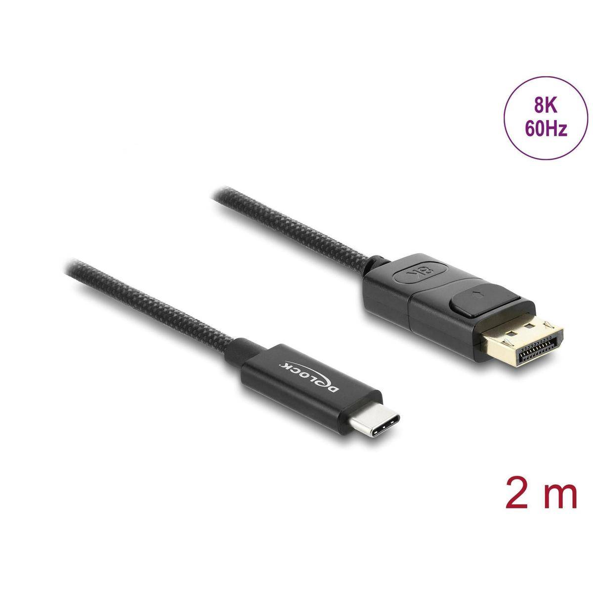 Ein geflochtenes Kabel mit USB-C an einem Ende und DisplayPort am anderen, mit der Beschriftung „8K 60Hz
