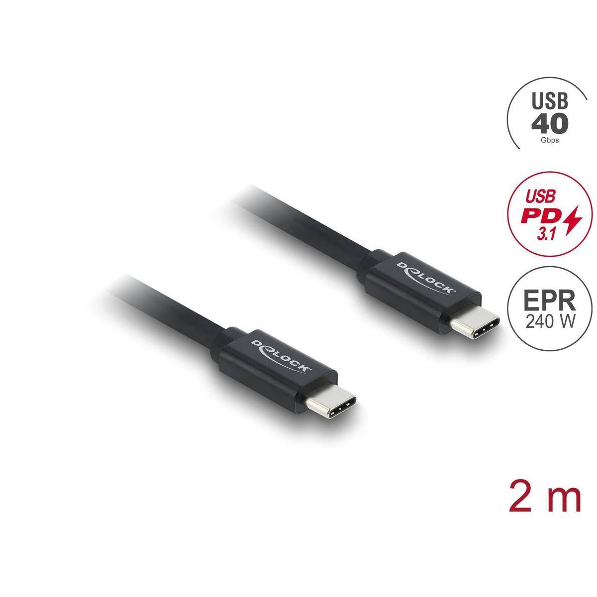 USB-C Kabel von 'DeLock', 2 Meter lang, unterstützt USB 4.0 mit 40 Gbps, USB PD 3.1 und EPR 240W Ladeleistung.