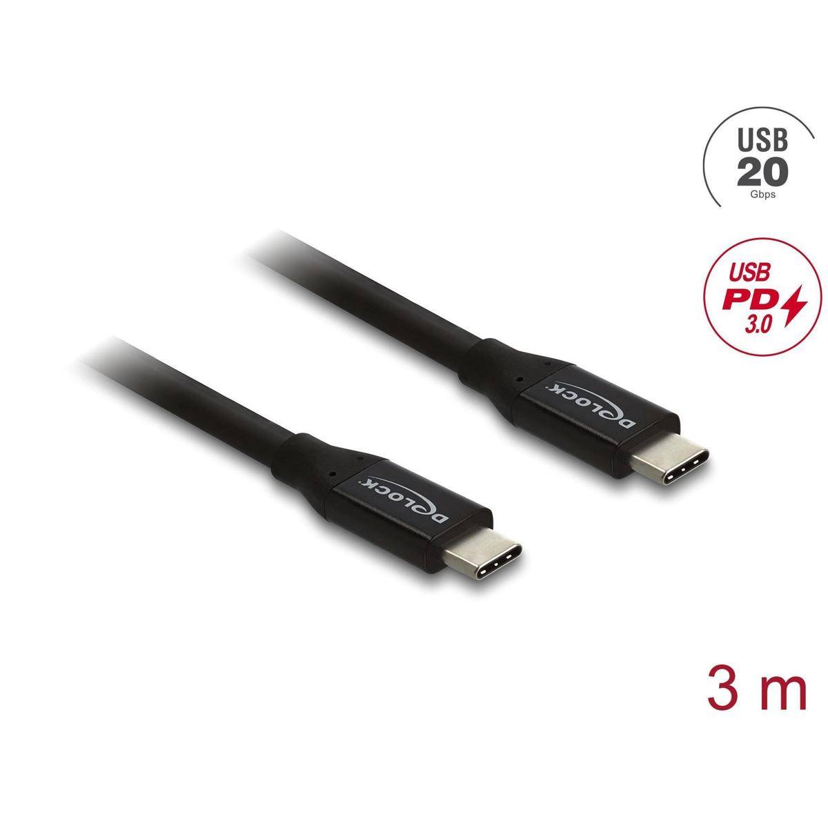 Ein 3 Meter USB-C zu USB-C Kabel, gekennzeichnet als ‚USB 20 Gbps' und ‚USB PD 3.0' fähig, in Schwarz dargestellt mit einem Logo auf den Anschlüssen.