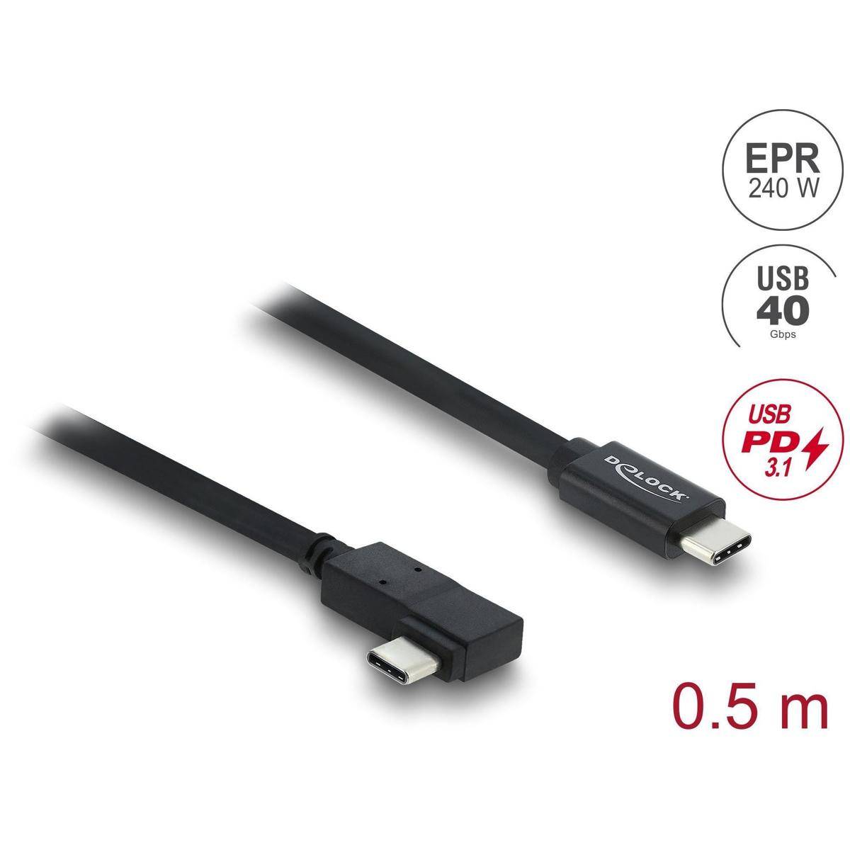 Ein schwarzes USB-C zu USB-C Kabel, mit der Aufschrift „0,5 m