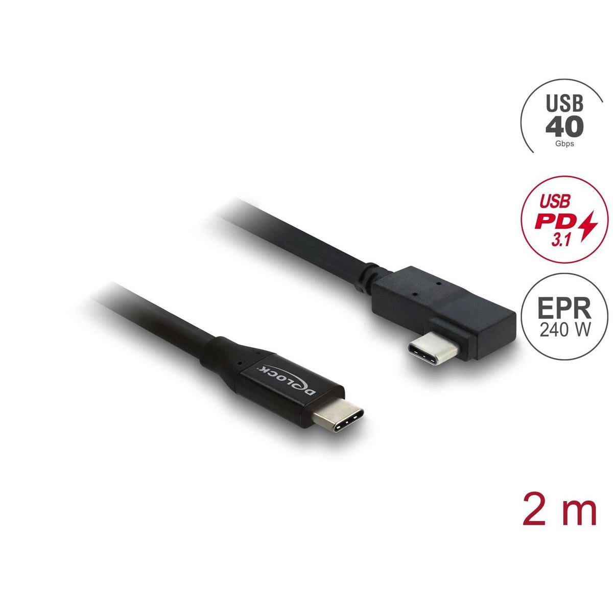 Ein schwarzes Kabel mit USB-C-Anschlüssen, beschriftet mit „Delock
