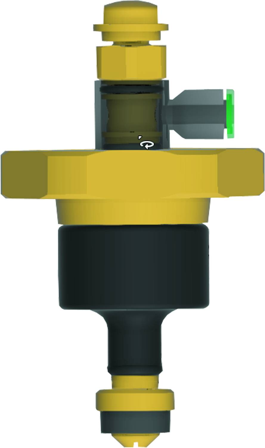 Eine digitale Darstellung einer mechanischen Komponente mit einem gelben sechseckigen Ring, einer schwarzen zylindrischen Basis und einem grünen rechteckigen Abschnitt oben.